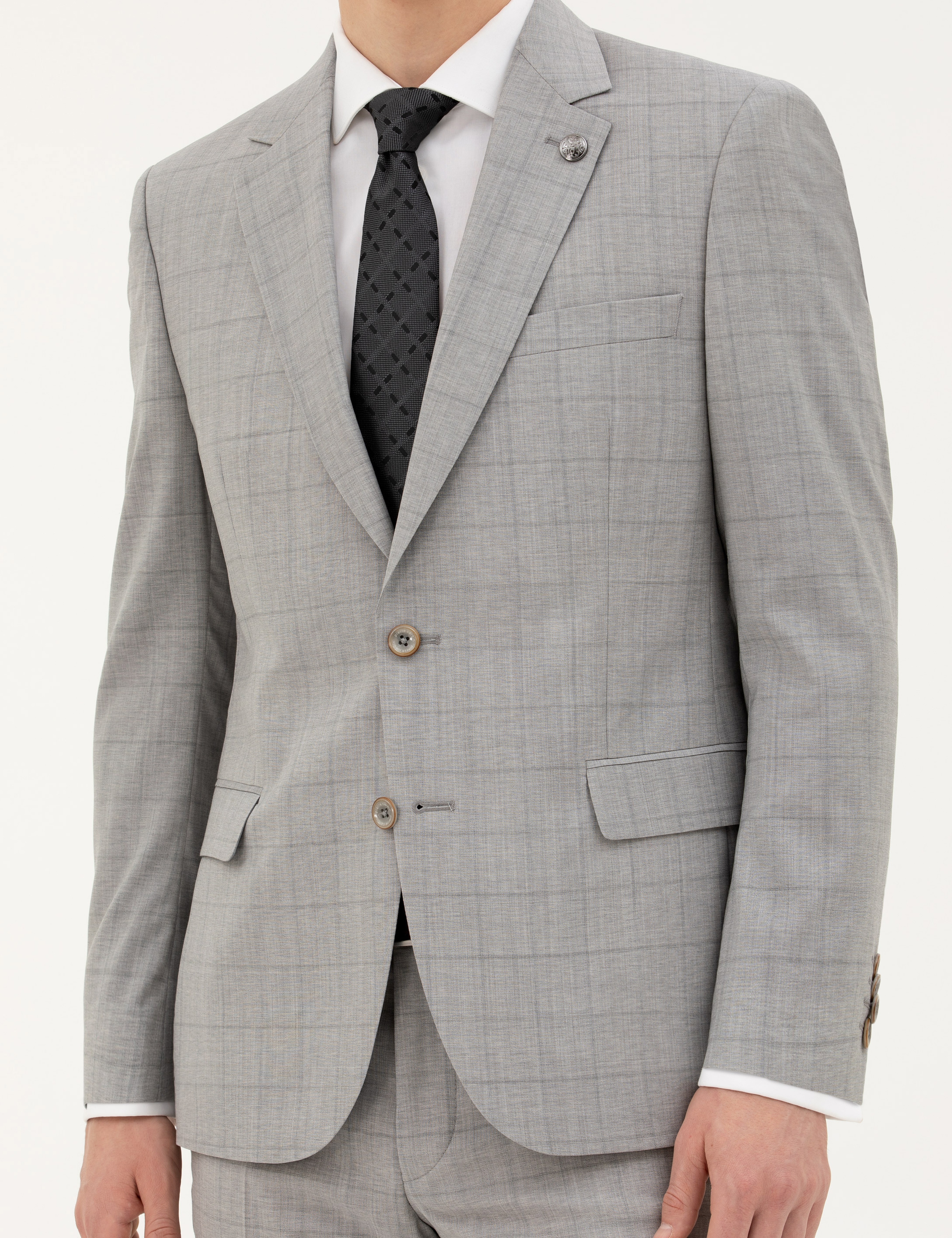 Gri Slim Fit %100 Yün Ekose Takım Elbise - Image 6