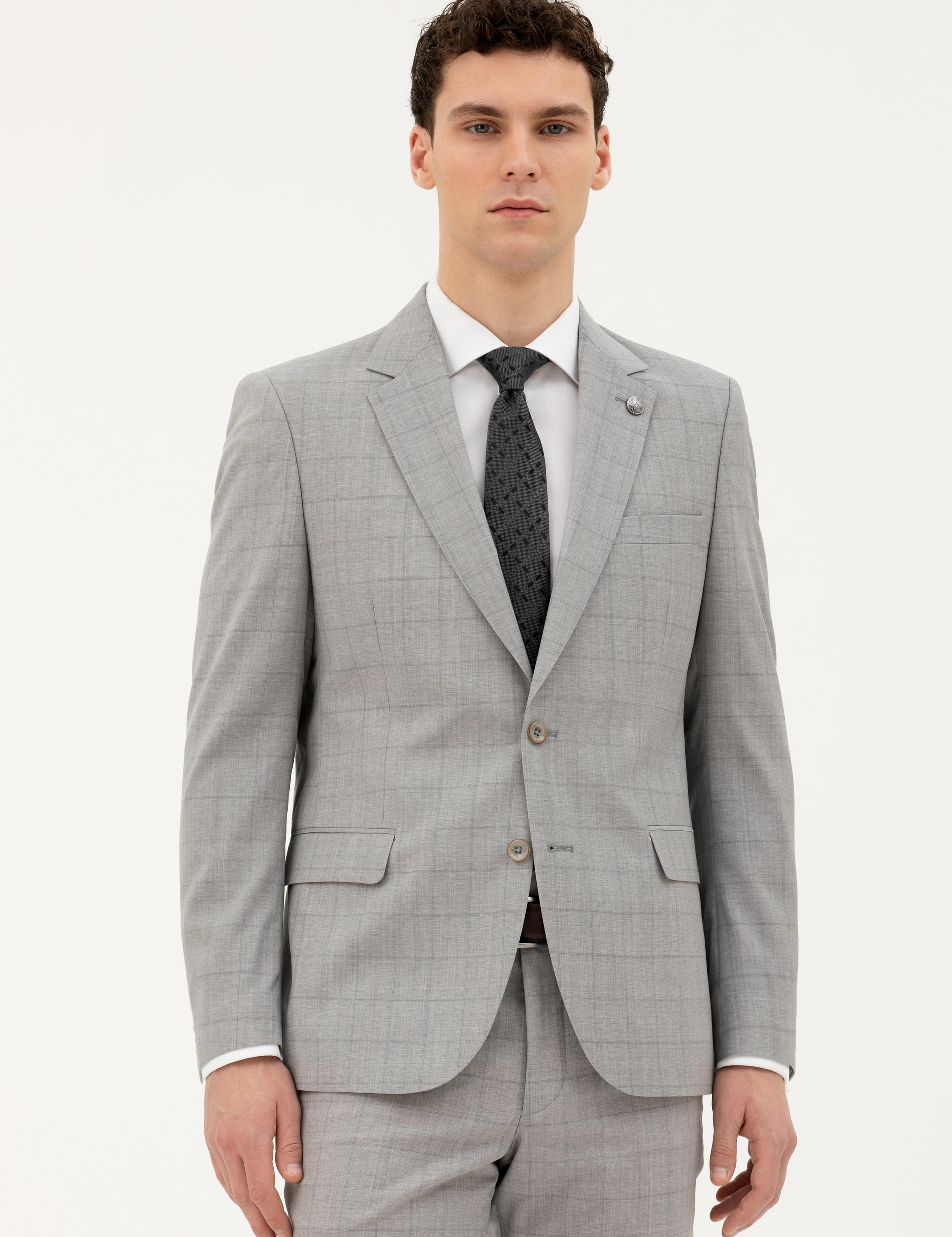 Gri Slim Fit %100 Yün Ekose Takım Elbise