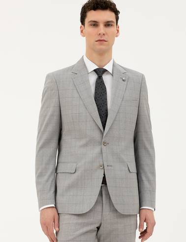 Gri Slim Fit %100 Yün Ekose Takım Elbise