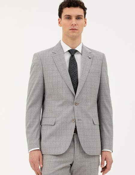 Gri Slim Fit %100 Yün Ekose Takım Elbise - 50285258017