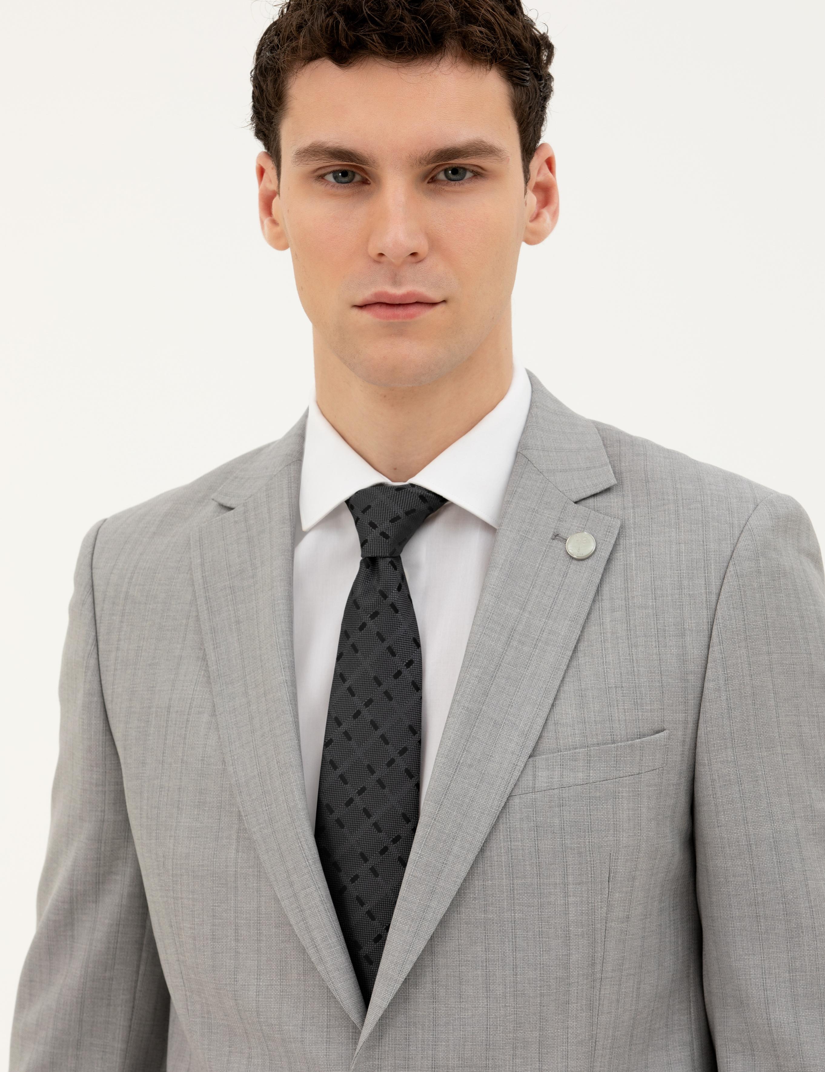 Gri Ex. Slim Fit %100 Yün Çizgili Takım Elbise