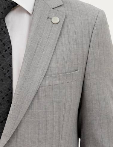 Gri Extra Slim Fit %100 Yün Çizgili Takım Elbise