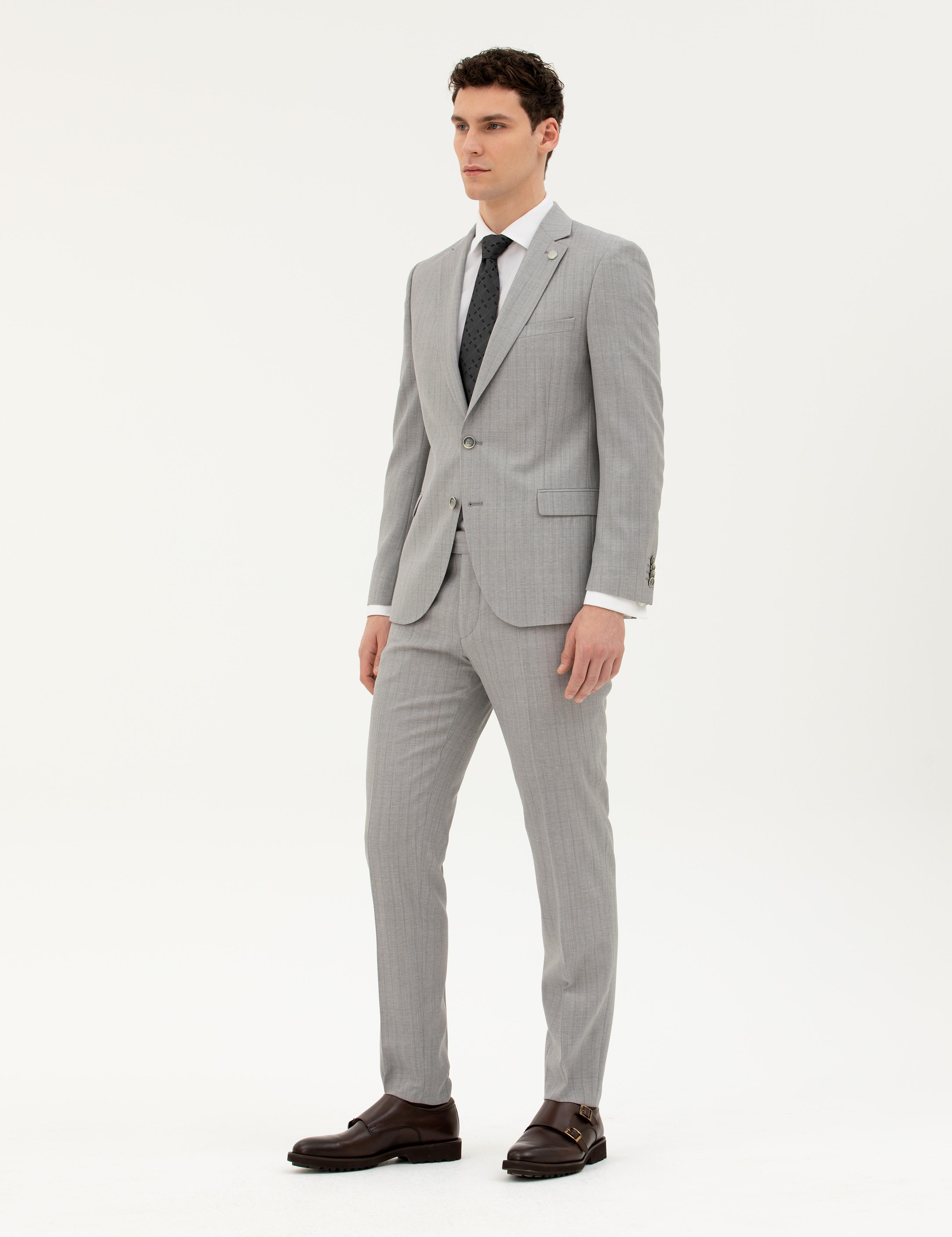 Gri Ex. Slim Fit %100 Yün Çizgili Takım Elbise