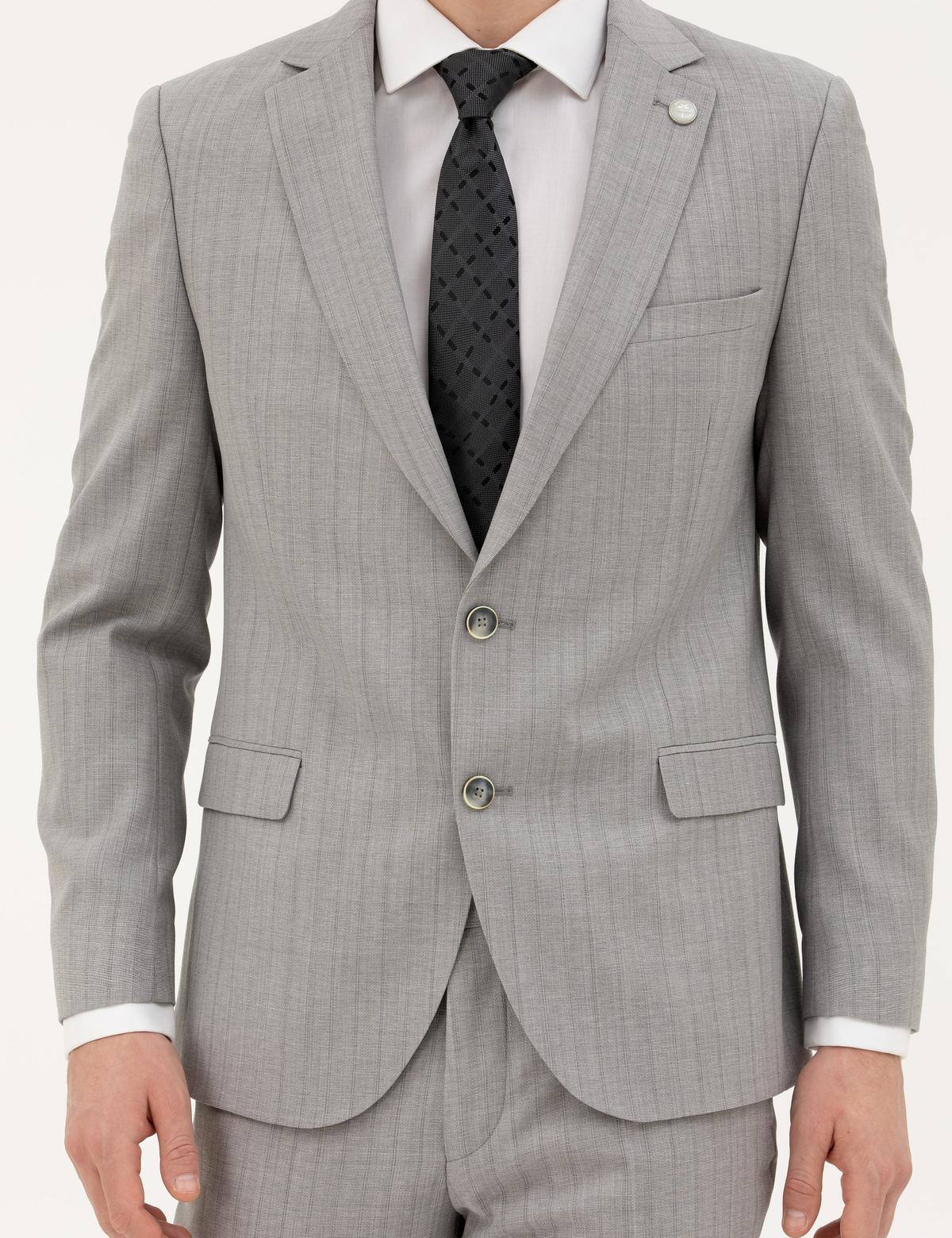 Gri Ex. Slim Fit %100 Yün Çizgili Takım Elbise - 50285418005