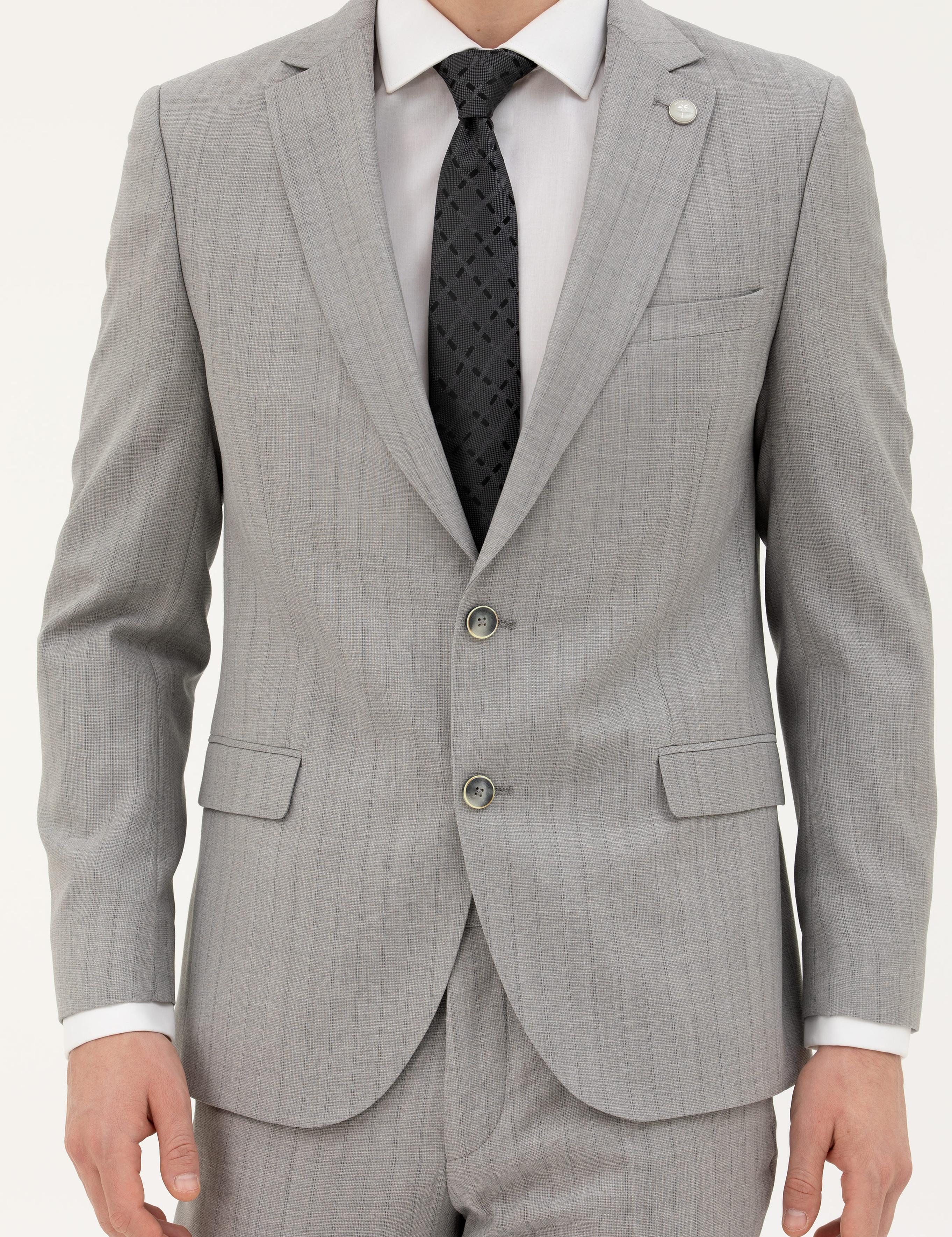 Gri Ex. Slim Fit %100 Yün Çizgili Takım Elbise