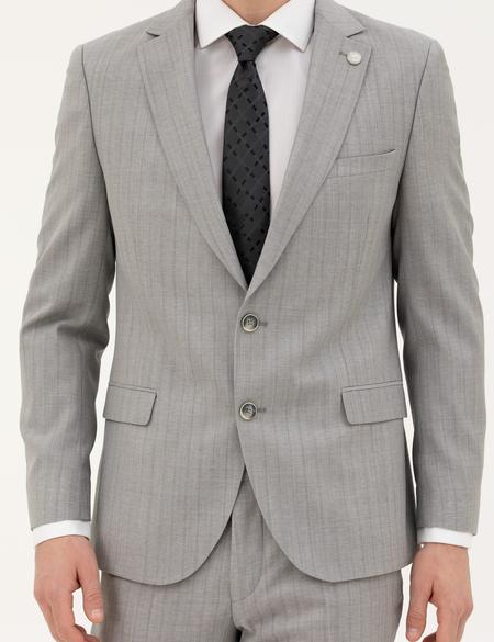 Gri Ex. Slim Fit %100 Yün Çizgili Takım Elbise - 50285418005
