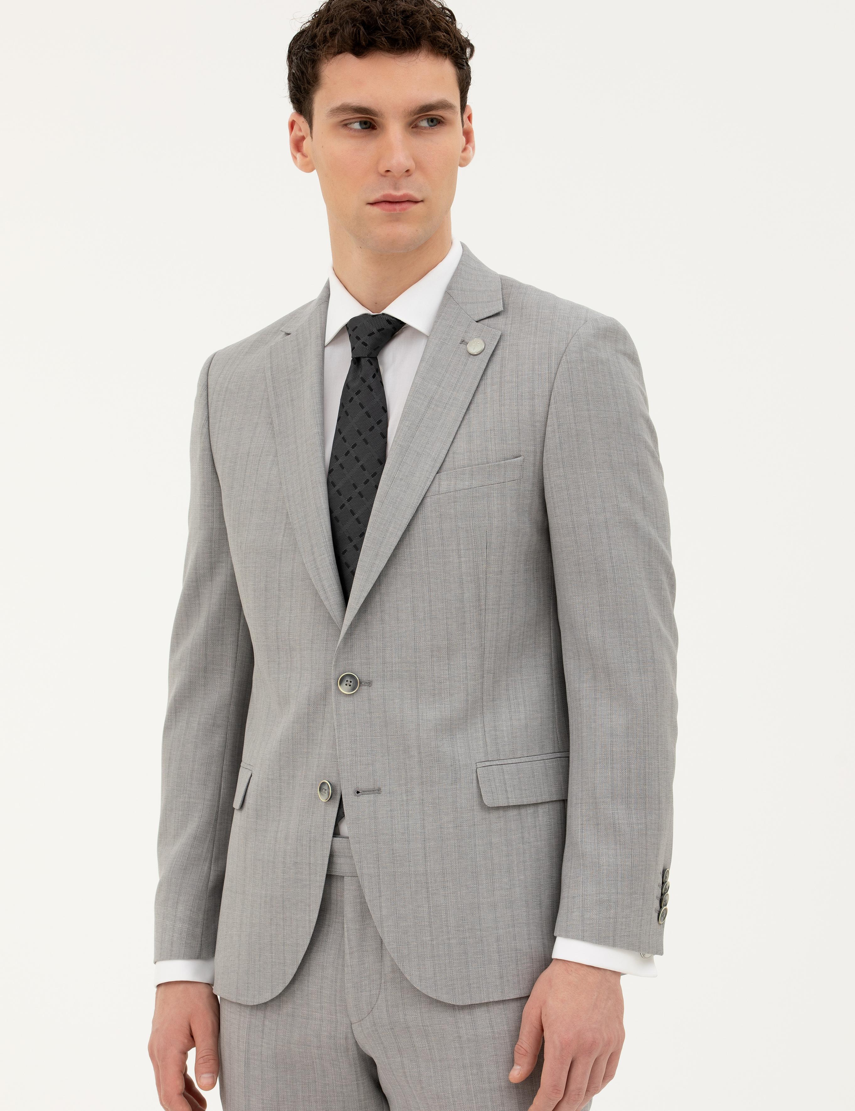 Gri Ex. Slim Fit %100 Yün Çizgili Takım Elbise