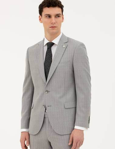Gri Extra Slim Fit %100 Yün Çizgili Takım Elbise