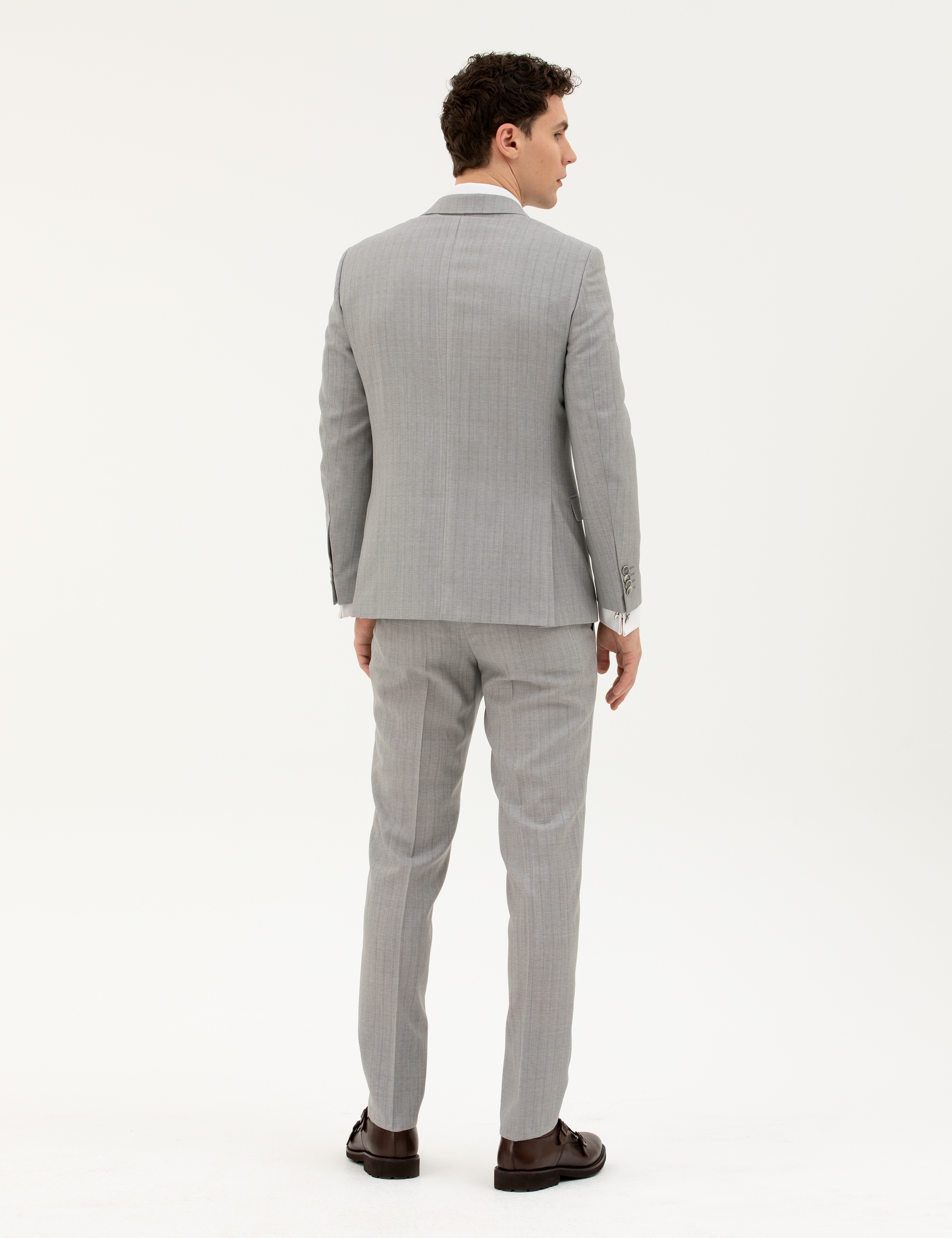 Gri Extra Slim Fit %100 Yün Çizgili Takım Elbise