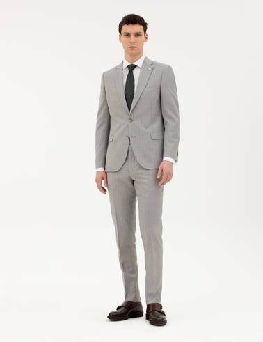 Gri Extra Slim Fit %100 Yün Çizgili Takım Elbise