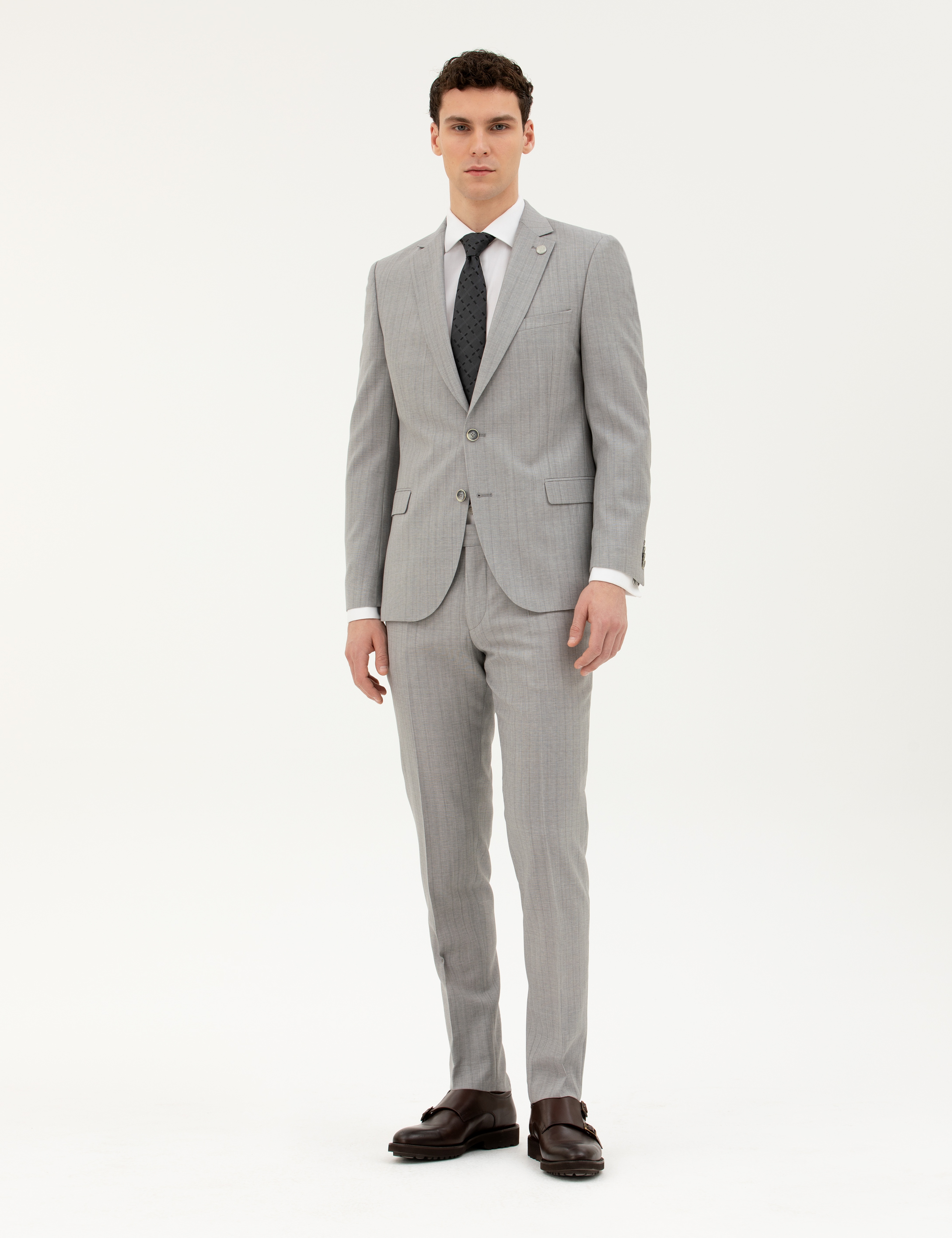Gri Extra Slim Fit %100 Yün Çizgili Takım Elbise - Image 1