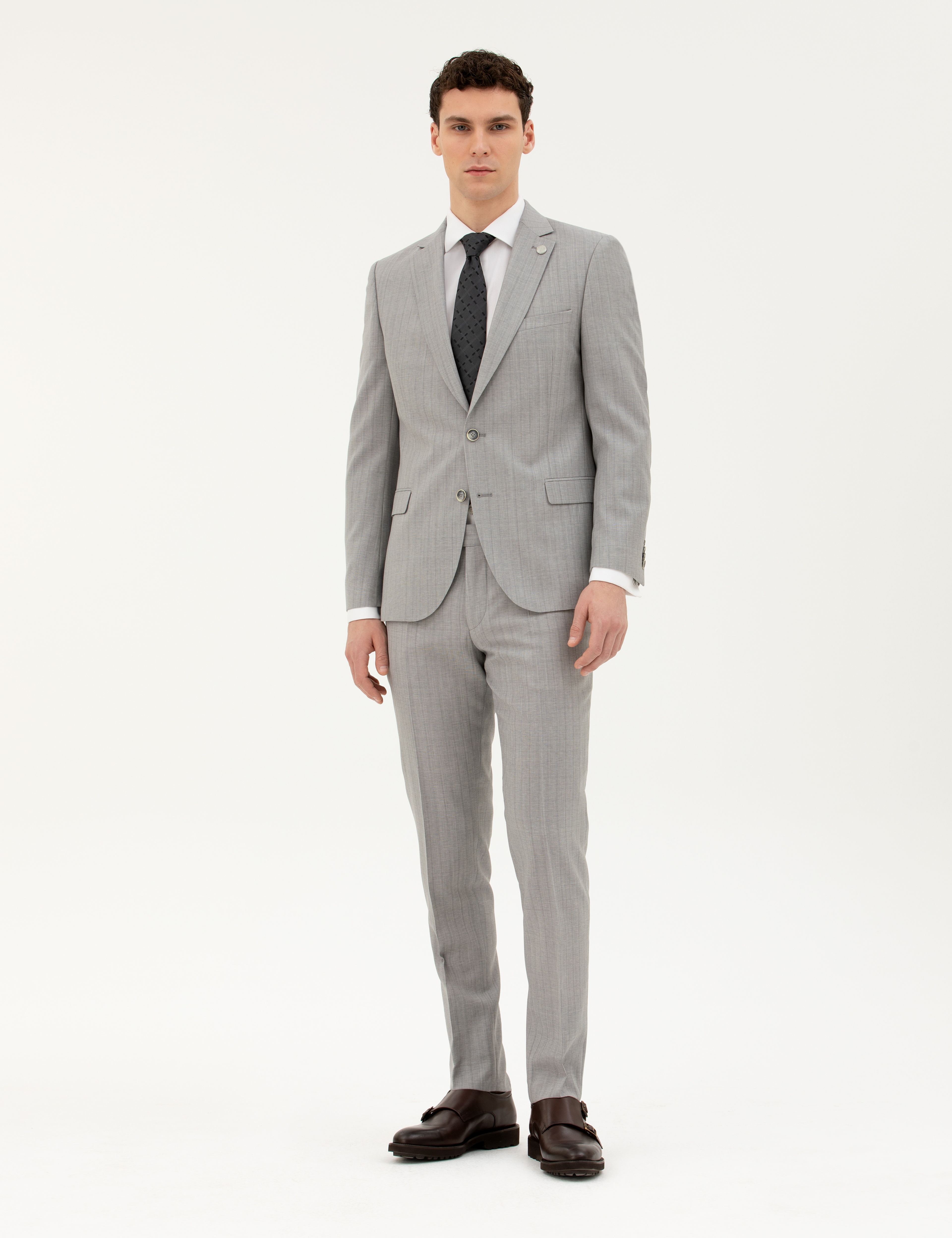 Gri Extra Slim Fit %100 Yün Çizgili Takım Elbise