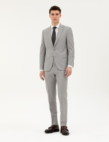 Gri Ex. Slim Fit %100 Yün Çizgili Takım Elbise - 50285418005