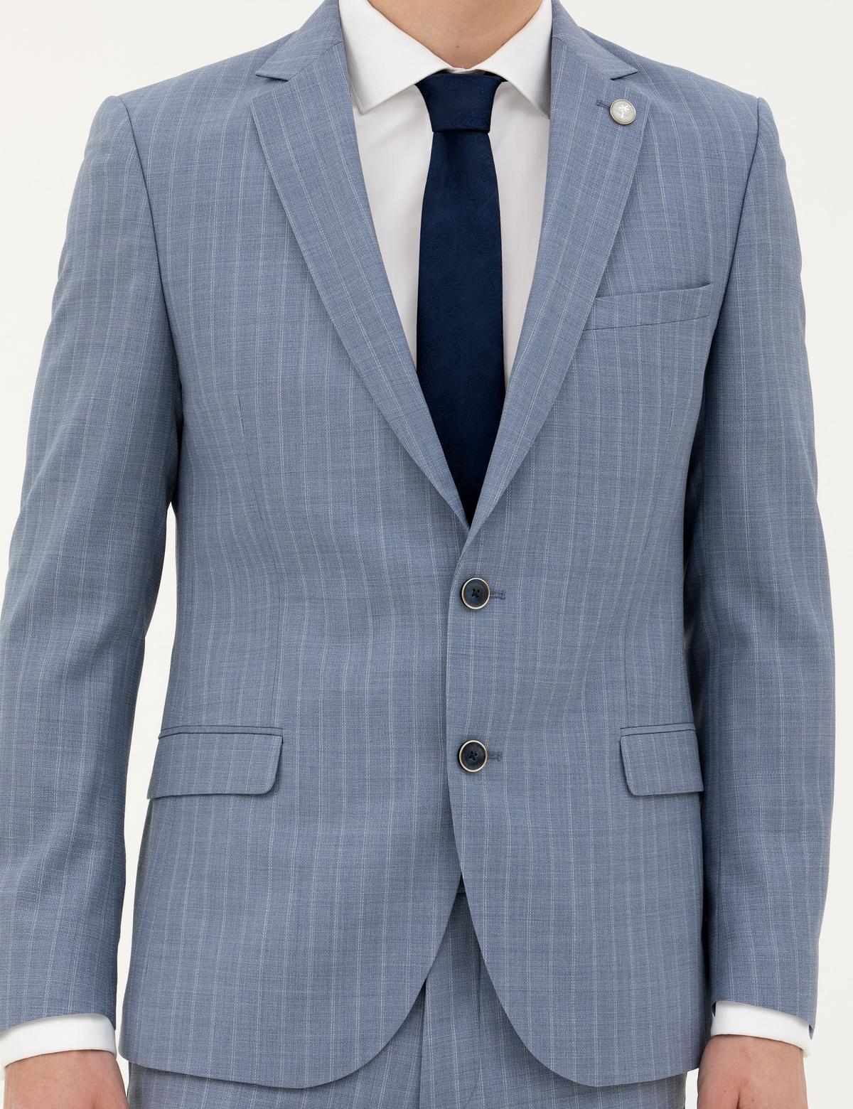 Koyu Mavi Ex. Slim Fit %100 Yün Çizgili Takım Elbise - 50285418056