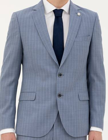 Koyu Mavi Extra Slim Fit %100 Yün Çizgili Takım Elbise