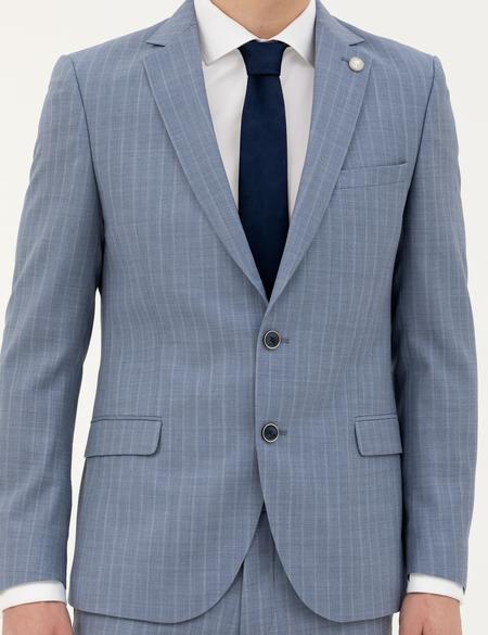 Koyu Mavi Ex. Slim Fit %100 Yün Çizgili Takım Elbise - 50285418056