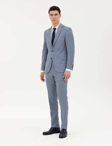 Koyu Mavi Extra Slim Fit %100 Yün Çizgili Takım Elbise