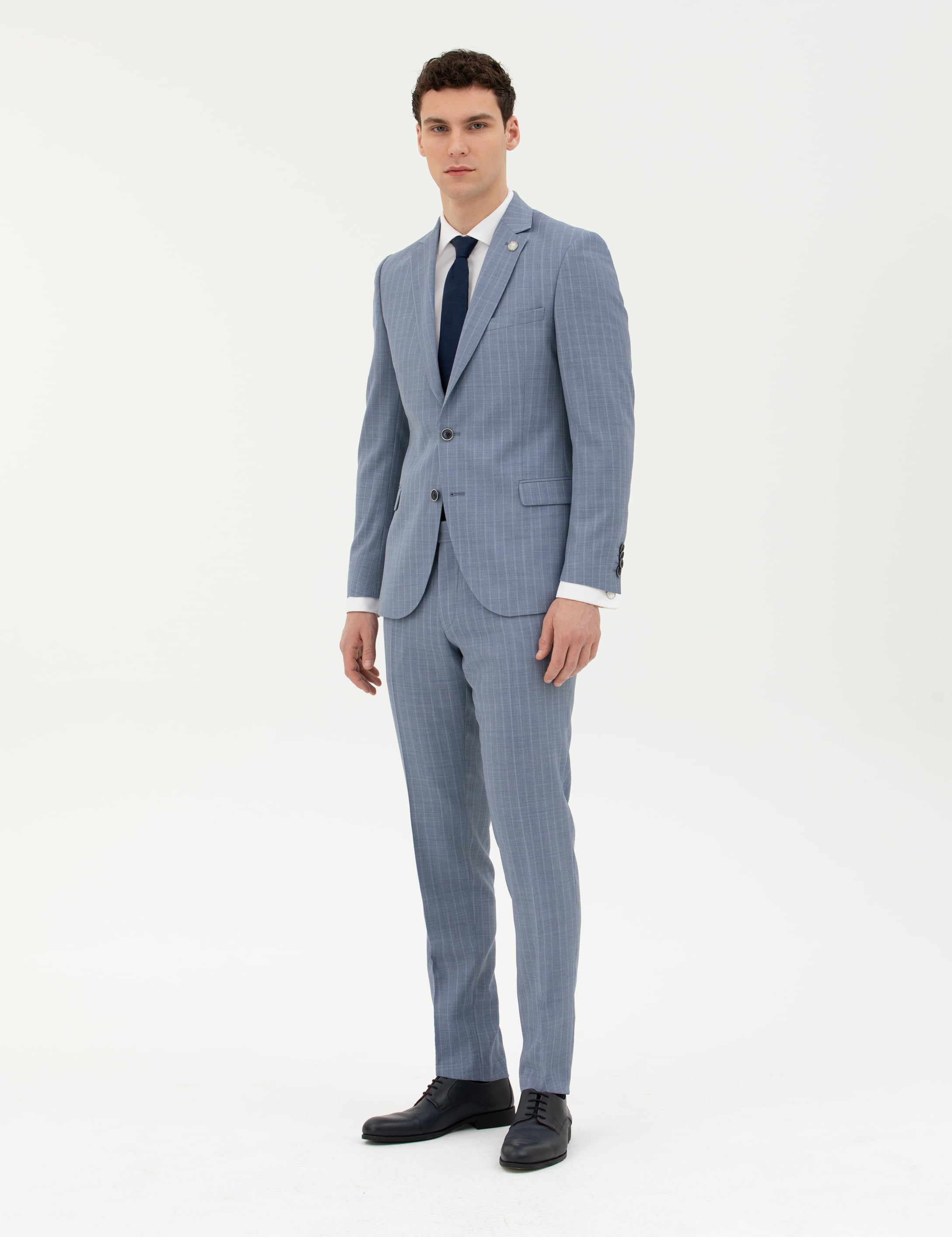 Koyu Mavi Ex. Slim Fit %100 Yün Çizgili Takım Elbise