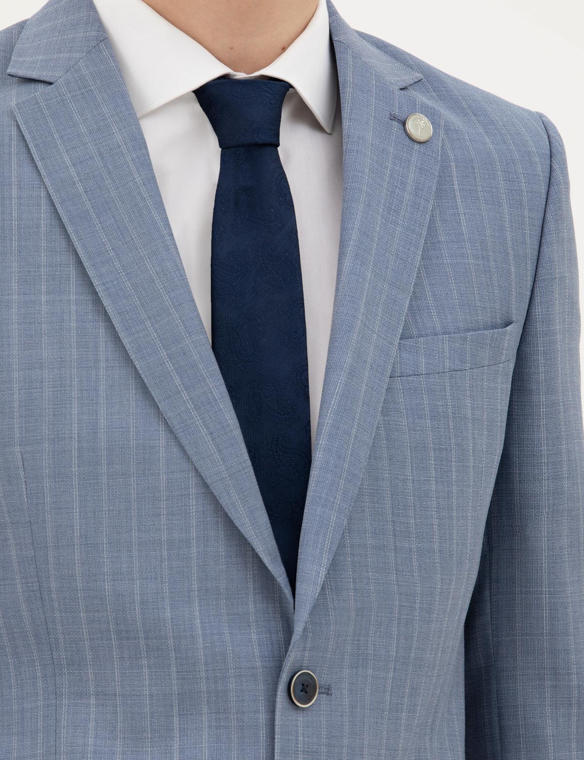 Koyu Mavi Ex. Slim Fit %100 Yün Çizgili Takım Elbise - 50285418056