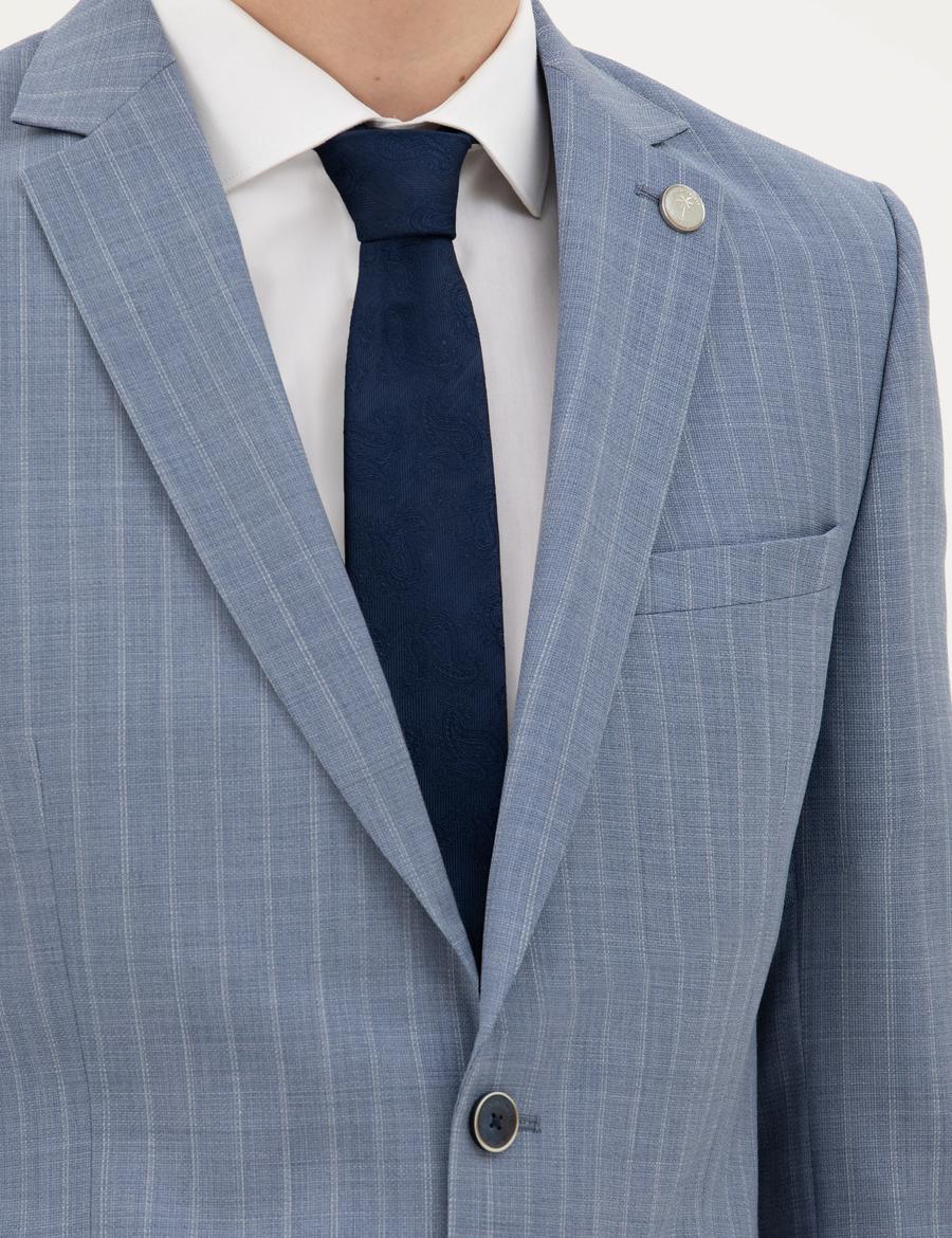 Koyu Mavi Ex. Slim Fit %100 Yün Çizgili Takım Elbise