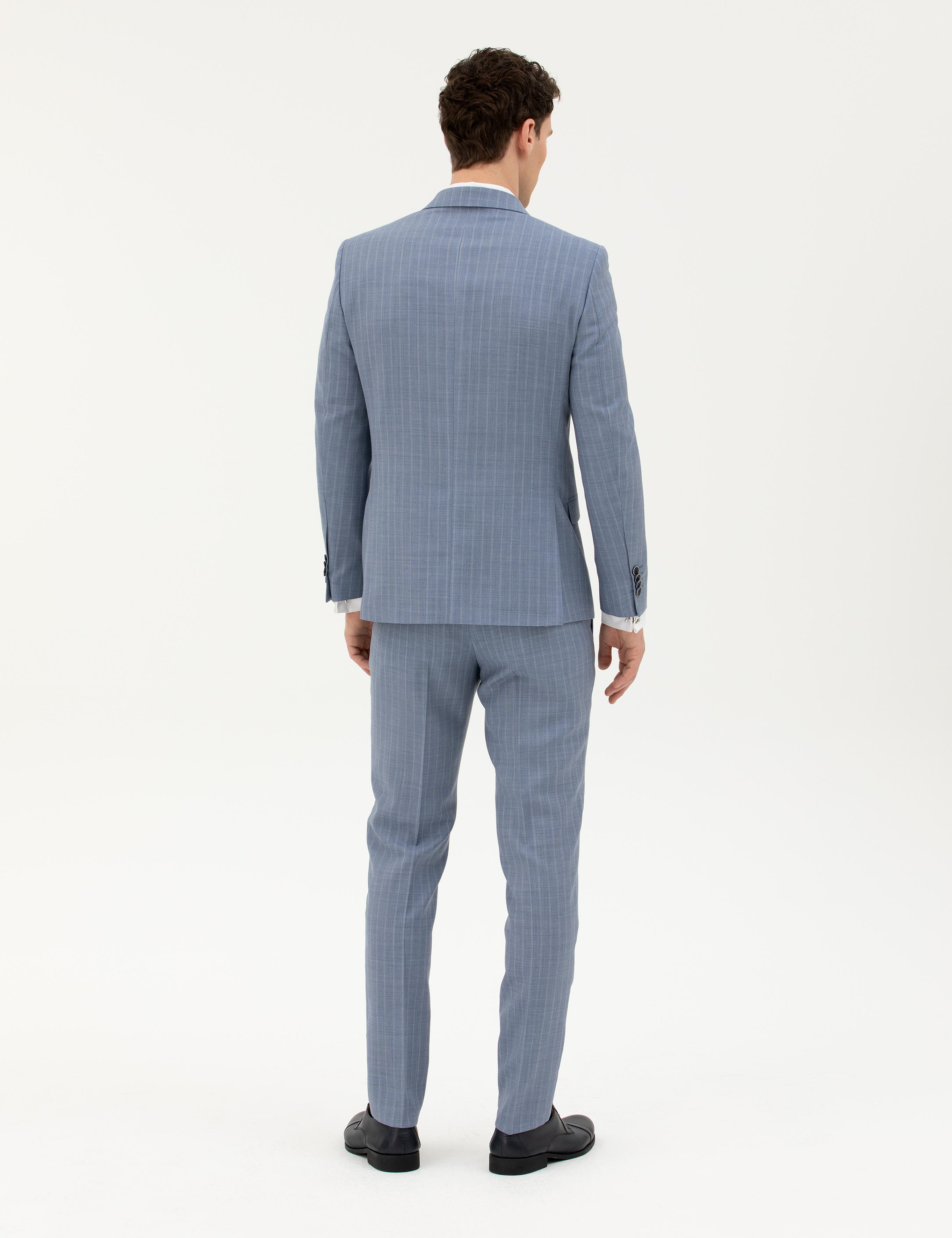 Koyu Mavi Ex. Slim Fit %100 Yün Çizgili Takım Elbise