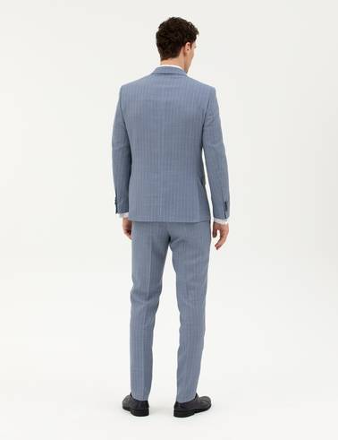 Koyu Mavi Extra Slim Fit %100 Yün Çizgili Takım Elbise