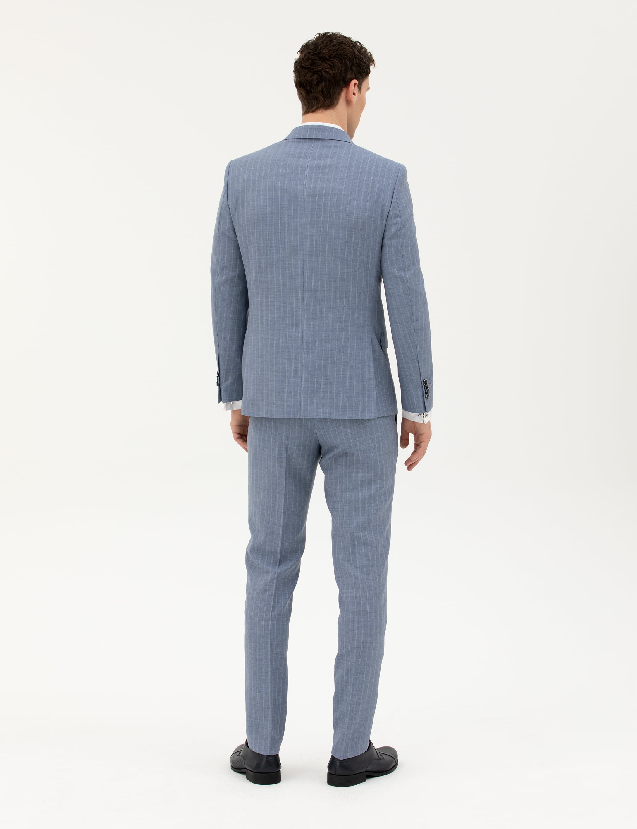 Koyu Mavi Ex. Slim Fit %100 Yün Çizgili Takım Elbise - Image 5