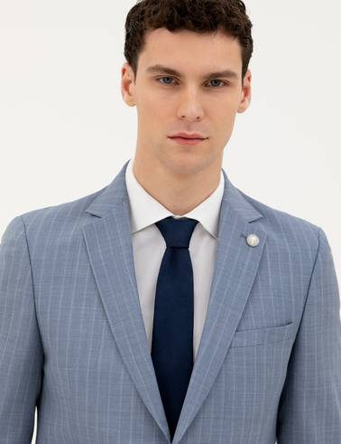 Koyu Mavi Extra Slim Fit %100 Yün Çizgili Takım Elbise