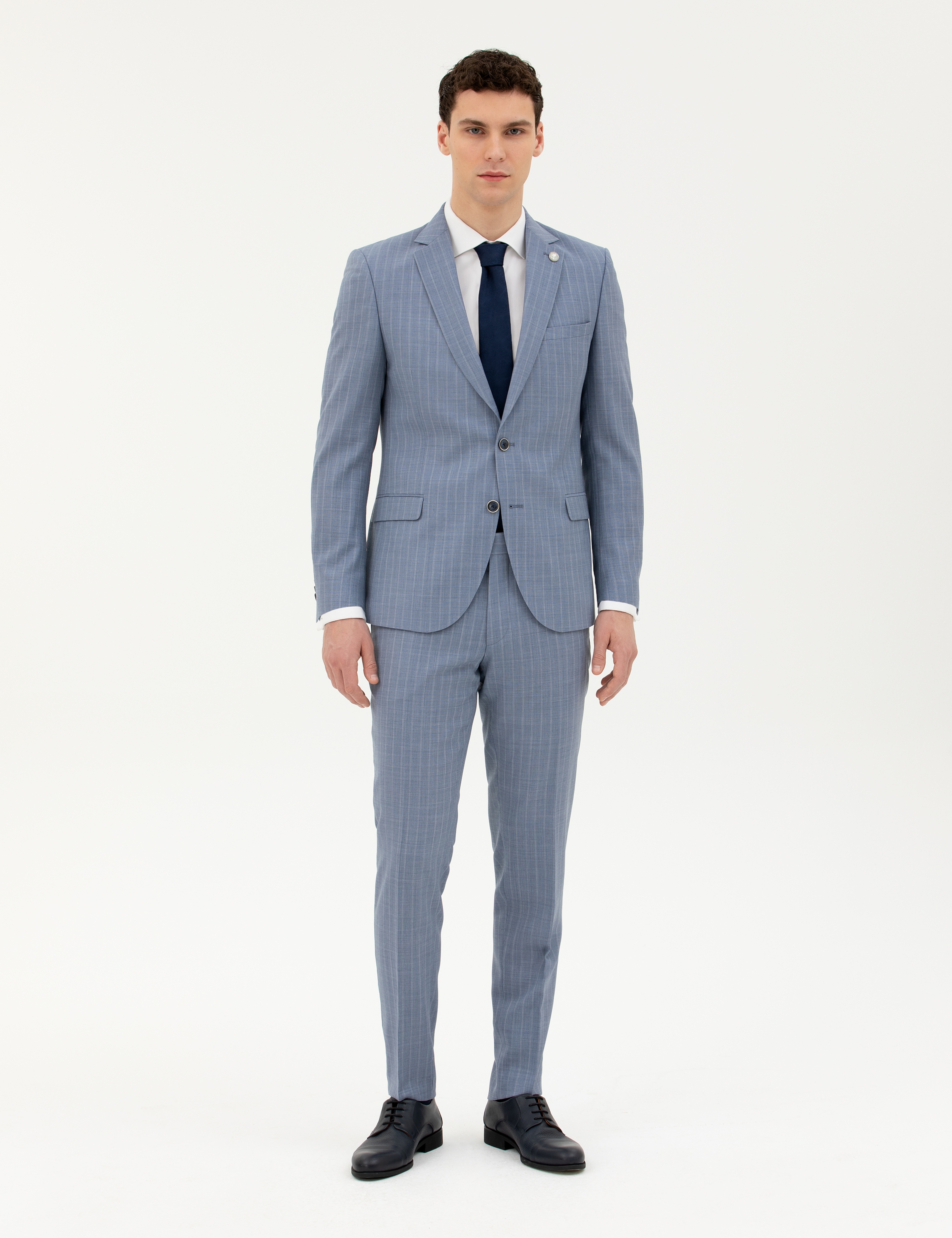 Koyu Mavi Ex. Slim Fit %100 Yün Çizgili Takım Elbise