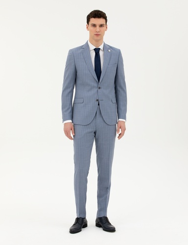 Koyu Mavi Extra Slim Fit %100 Yün Çizgili Takım Elbise