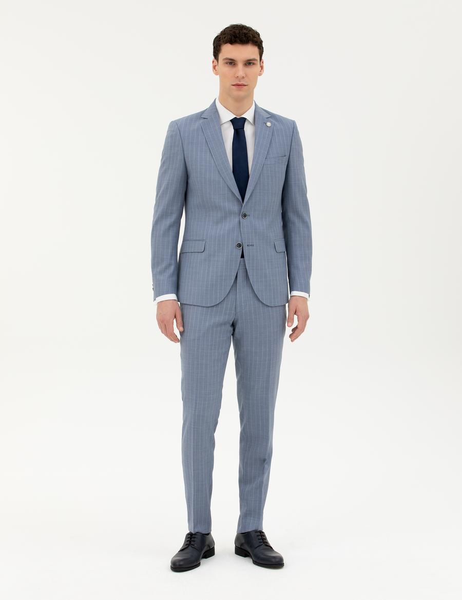 Koyu Mavi Ex. Slim Fit %100 Yün Çizgili Takım Elbise