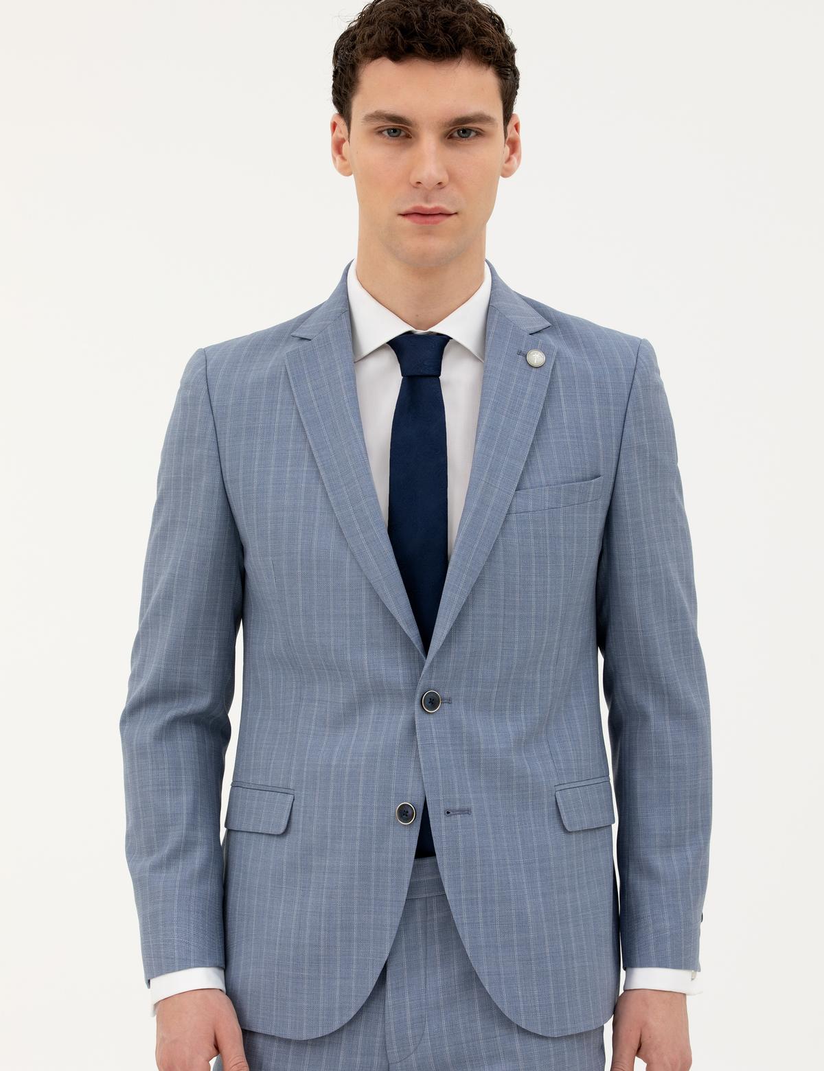 Koyu Mavi Ex. Slim Fit %100 Yün Çizgili Takım Elbise - 50285418056