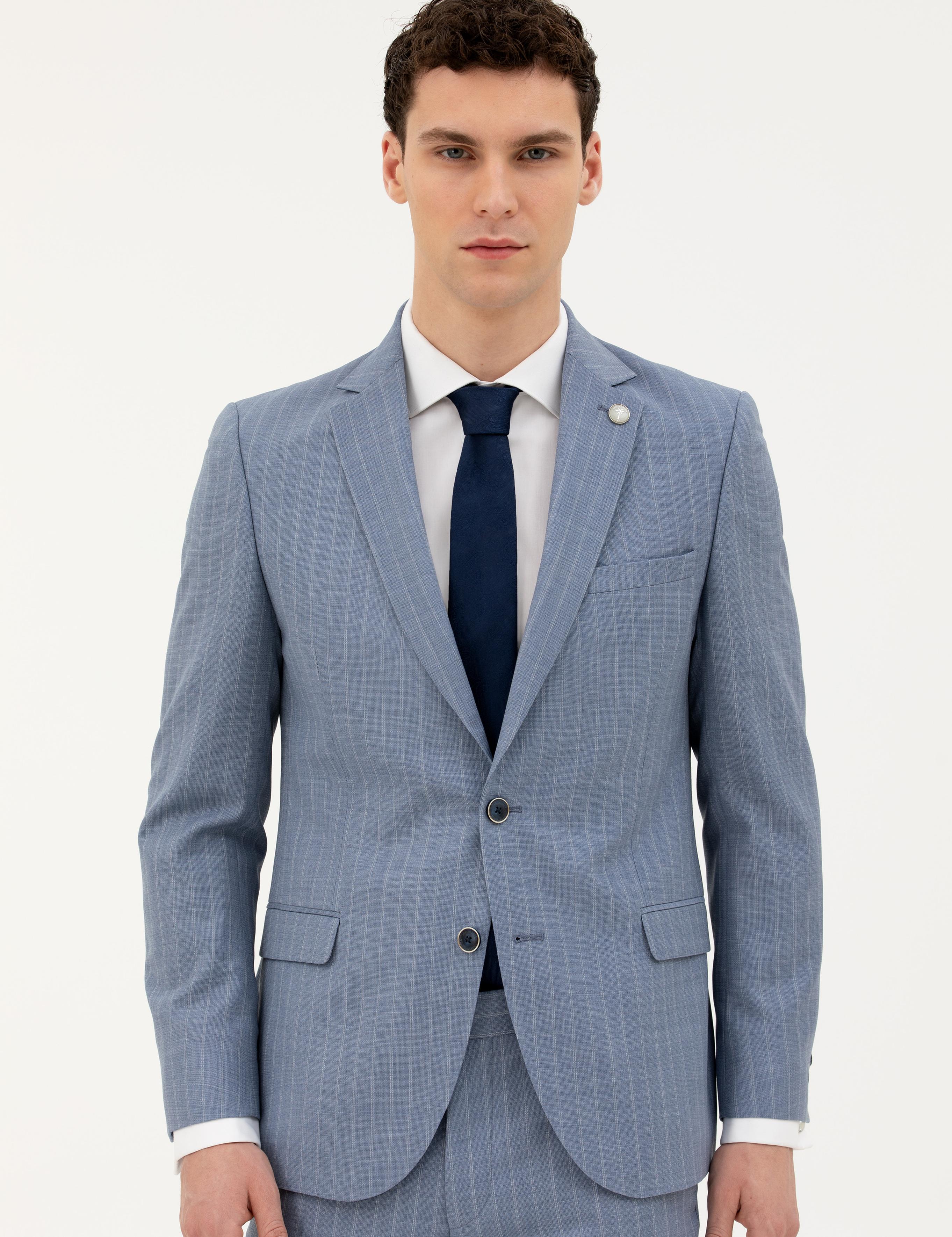 Koyu Mavi Ex. Slim Fit %100 Yün Çizgili Takım Elbise