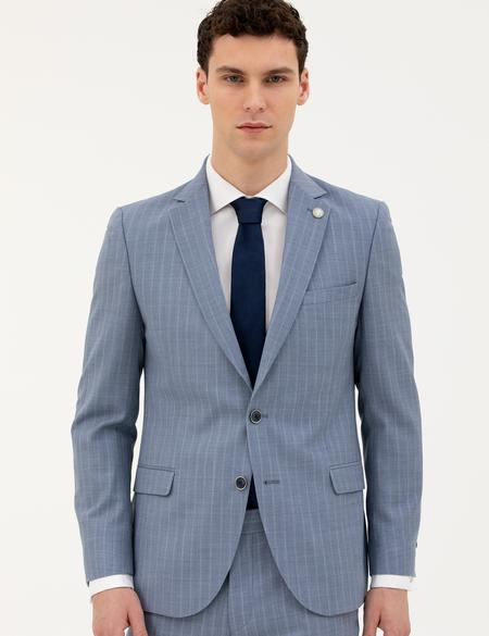 Koyu Mavi Ex. Slim Fit %100 Yün Çizgili Takım Elbise - 50285418056