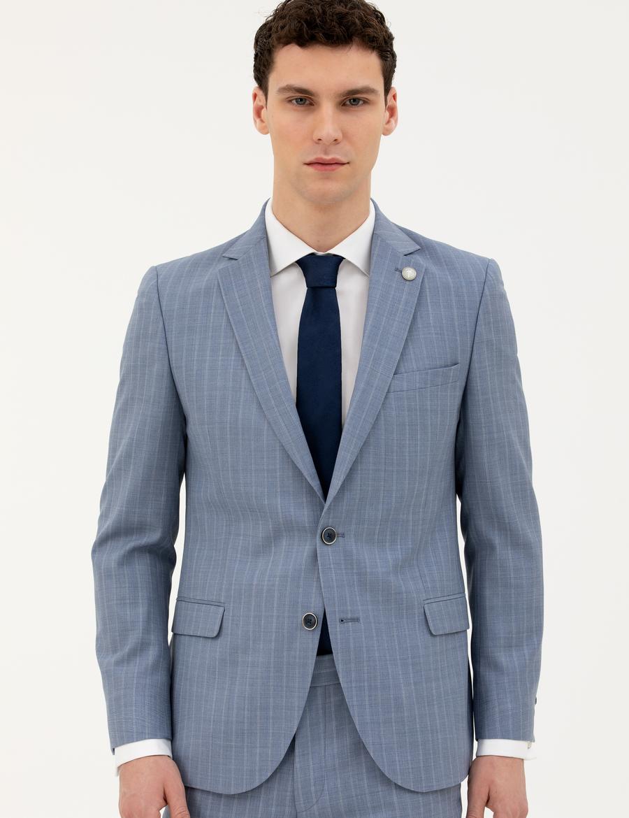 Koyu Mavi Ex. Slim Fit %100 Yün Çizgili Takım Elbise