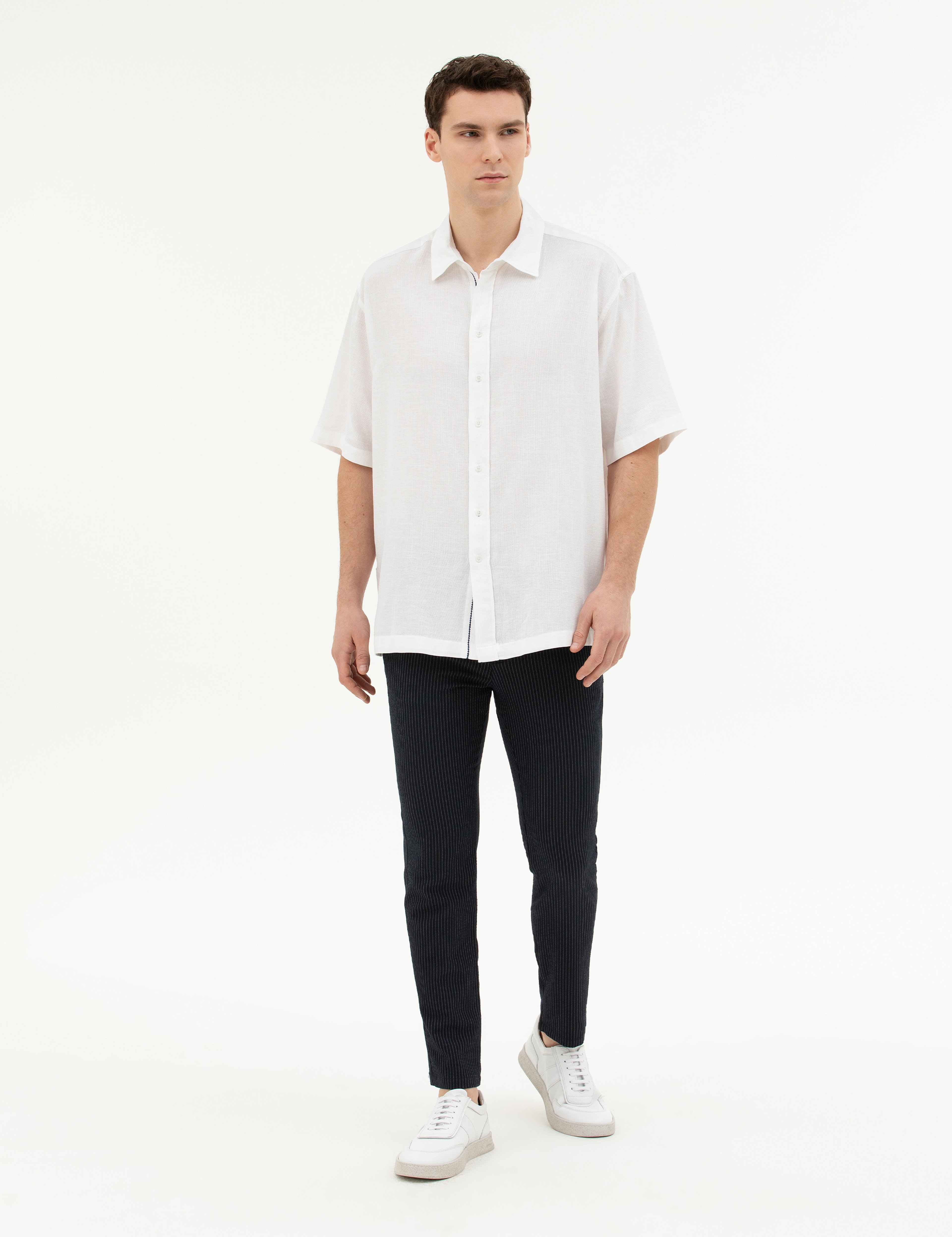 Lacivert Slim Fit Çizgili Kanvas Pantolon - Image 1