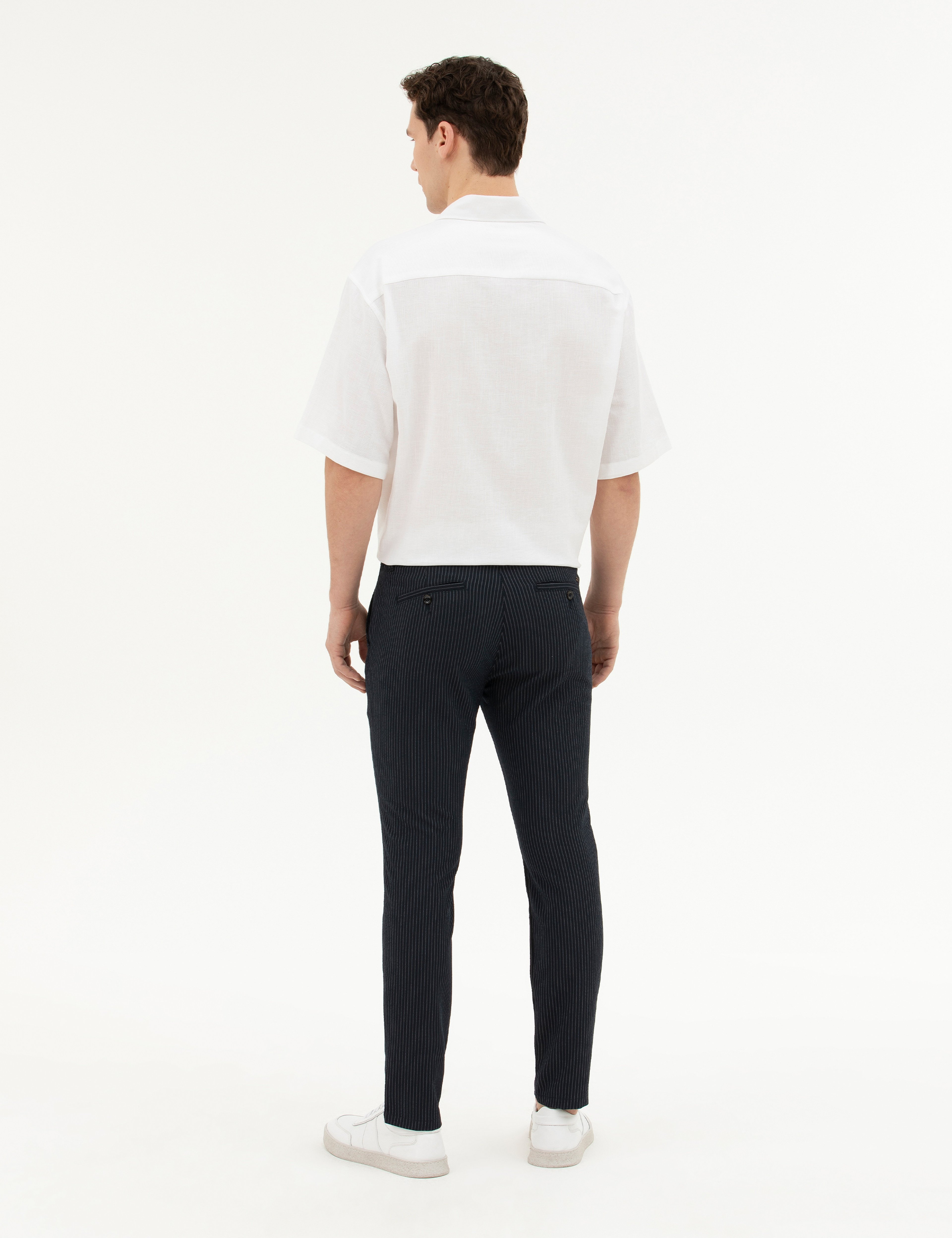 Lacivert Slim Fit Çizgili Kanvas Pantolon