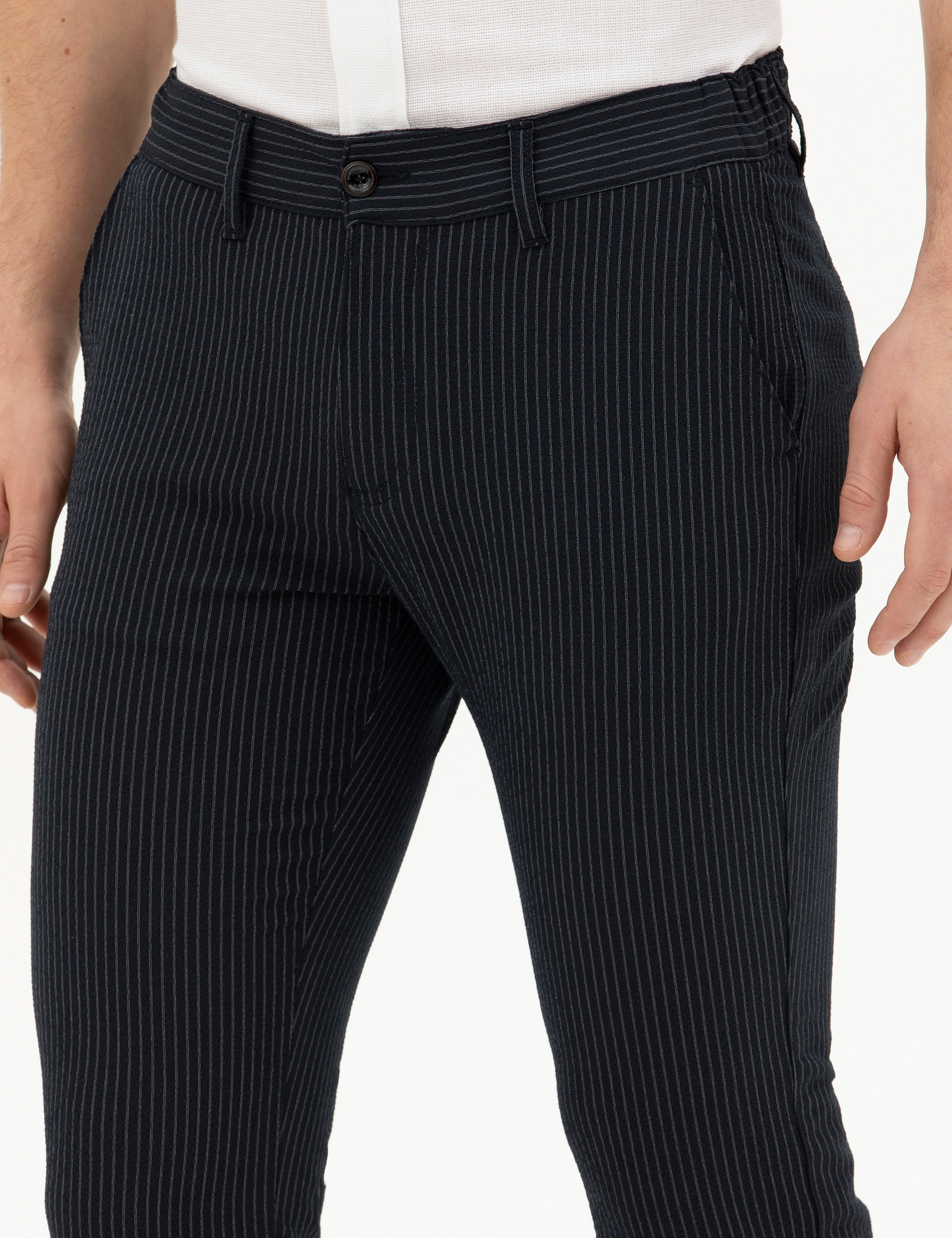 Lacivert Slim Fit Çizgili Kanvas Pantolon - Image 6