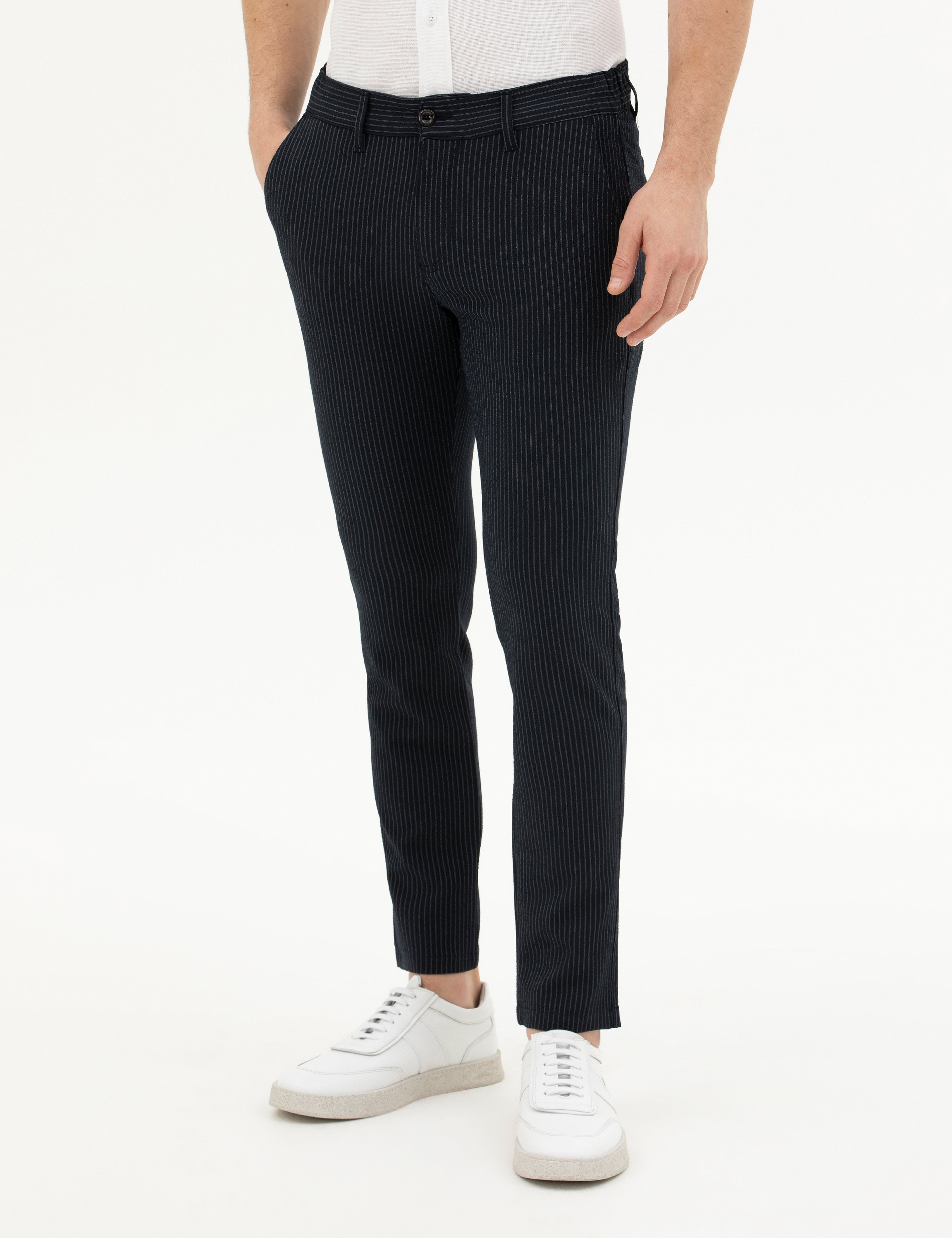 Lacivert Slim Fit Çizgili Kanvas Pantolon