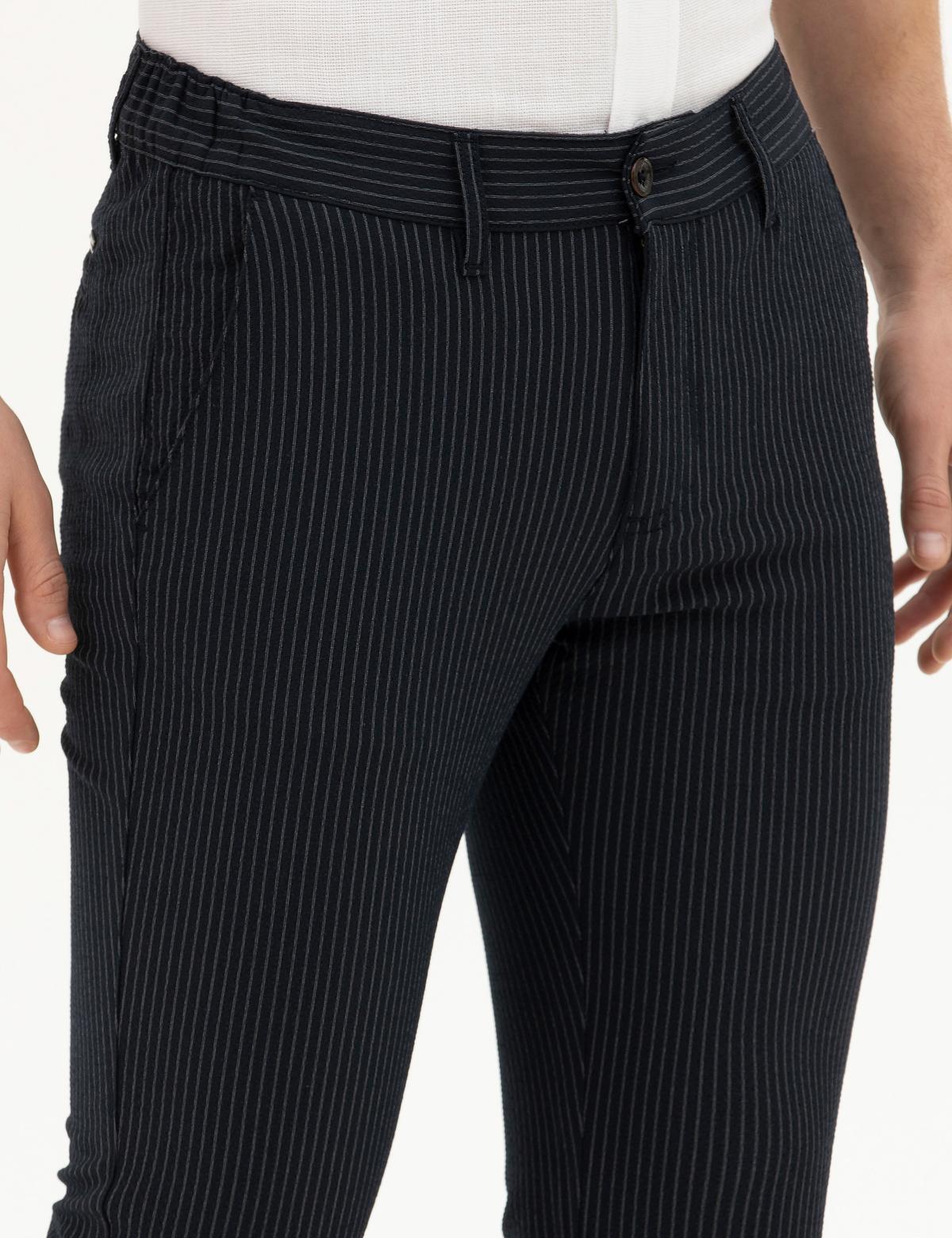 Lacivert Slim Fit Çizgili Kanvas Pantolon - 50284218262