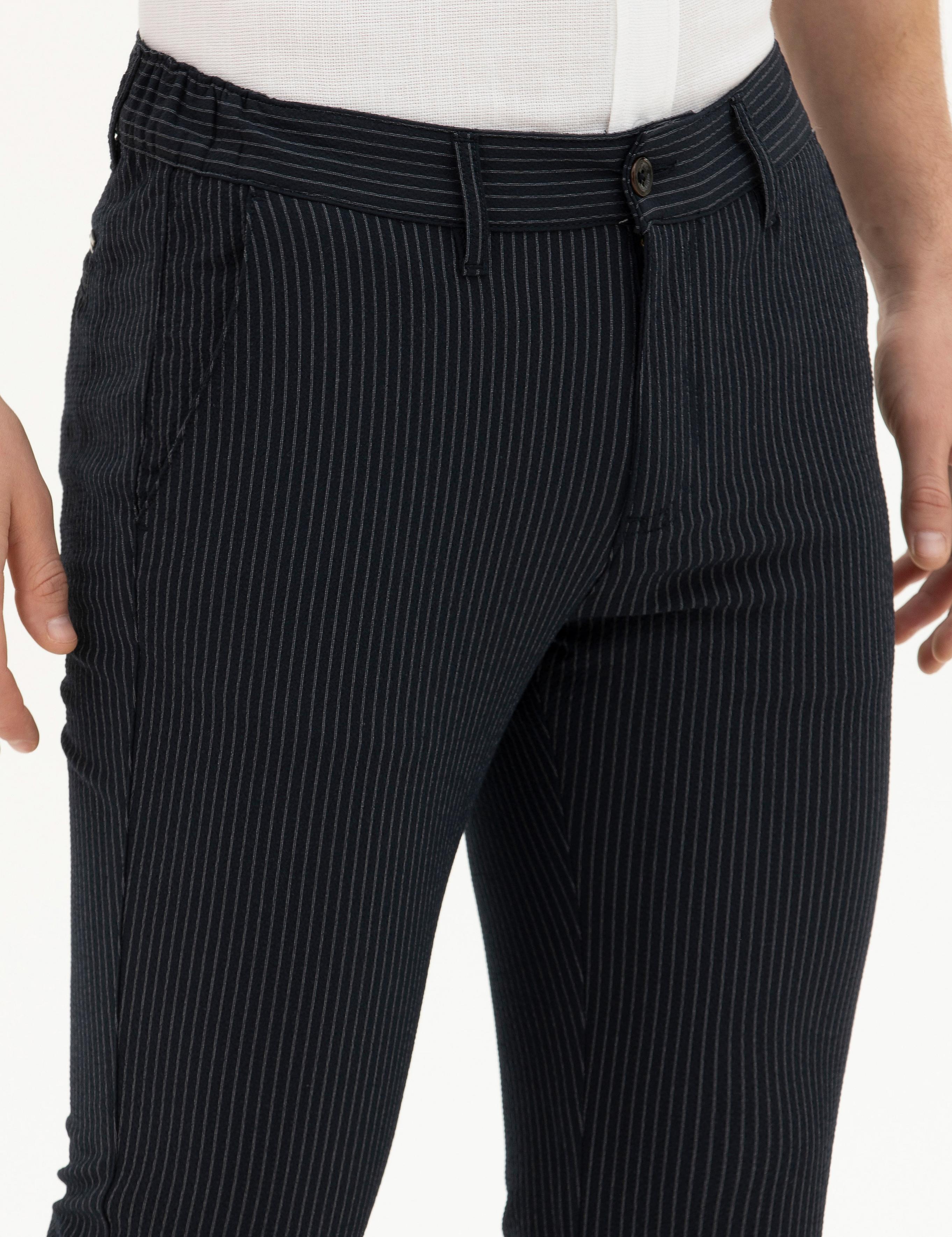 Lacivert Slim Fit Çizgili Kanvas Pantolon