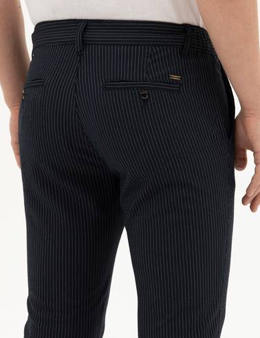 Lacivert Slim Fit Çizgili Kanvas Pantolon
