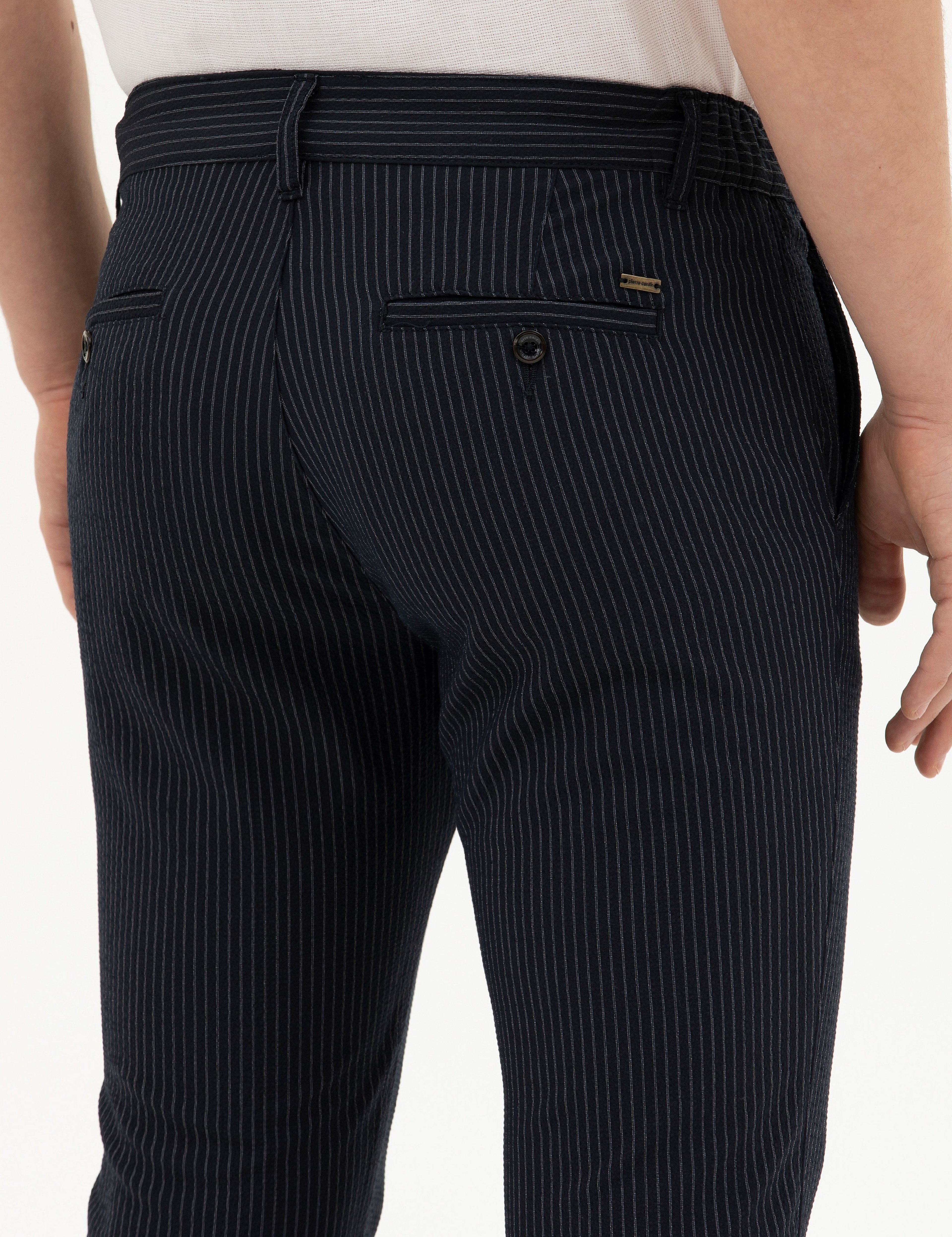 Lacivert Slim Fit Çizgili Kanvas Pantolon - Image 7