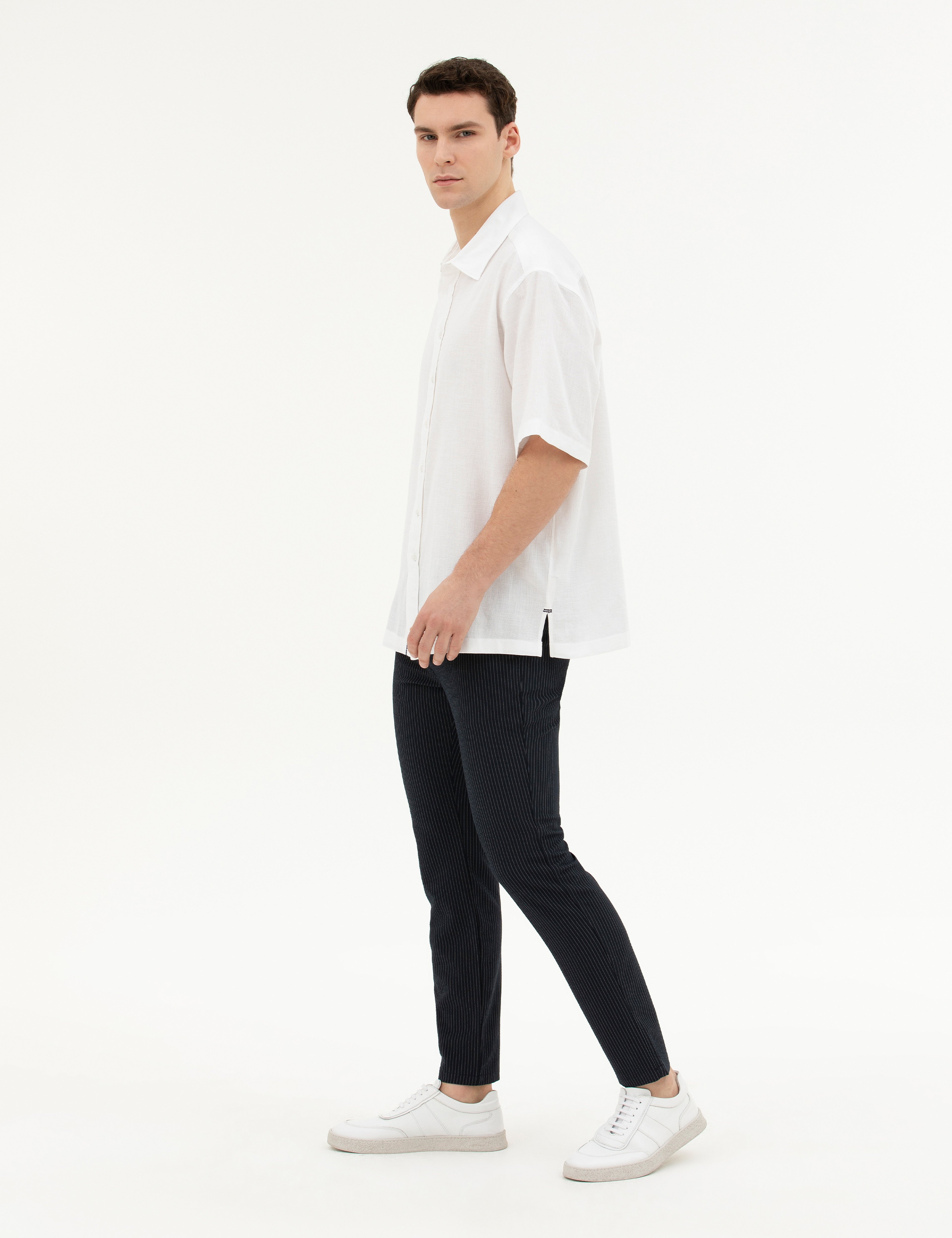Lacivert Slim Fit Çizgili Kanvas Pantolon - Image 3