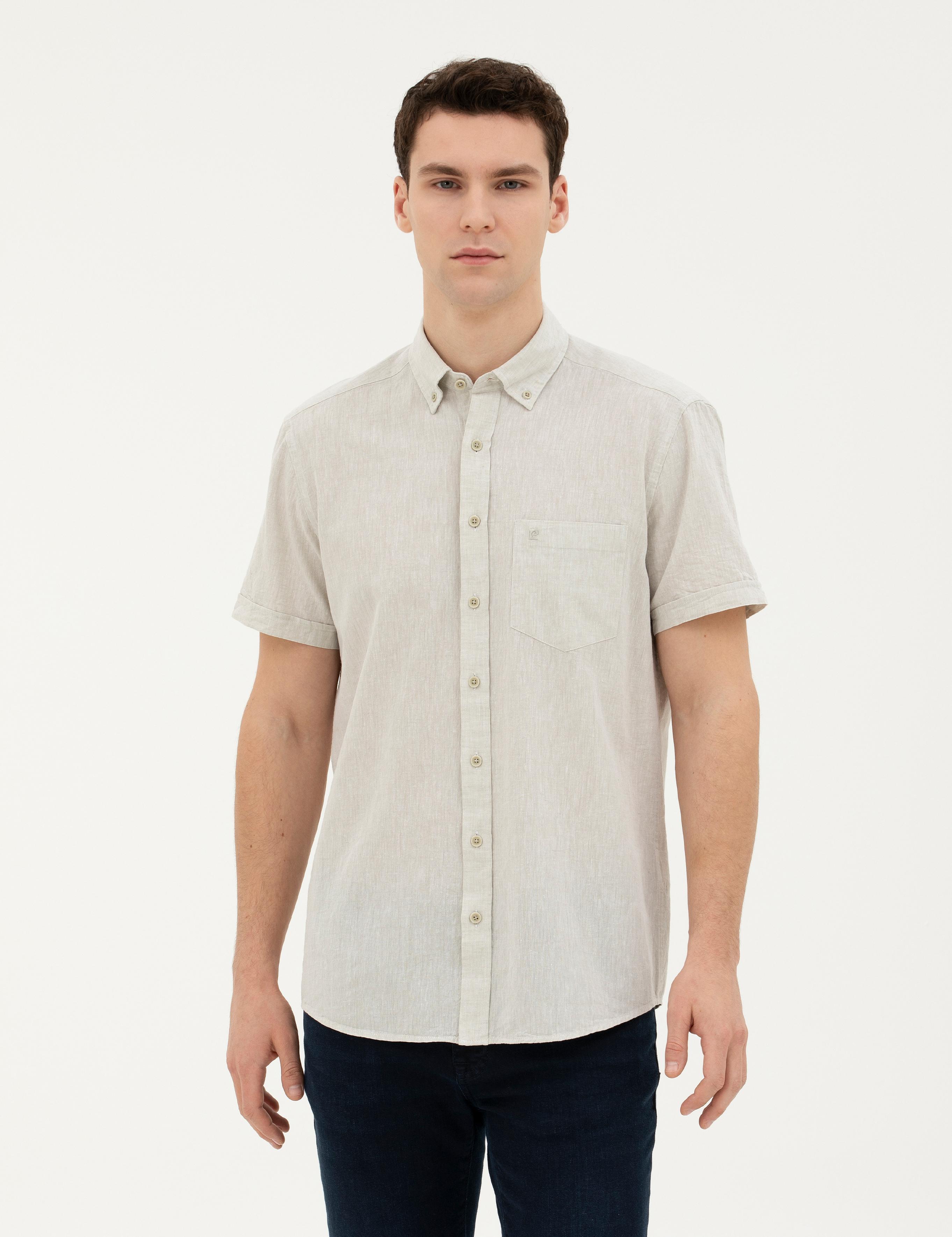 Yeşil Keten Karışımlı Regular Fit Kısa Kollu Gömlek