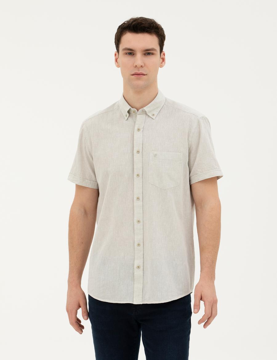 Yeşil Keten Karışımlı Regular Fit Kısa Kollu Gömlek