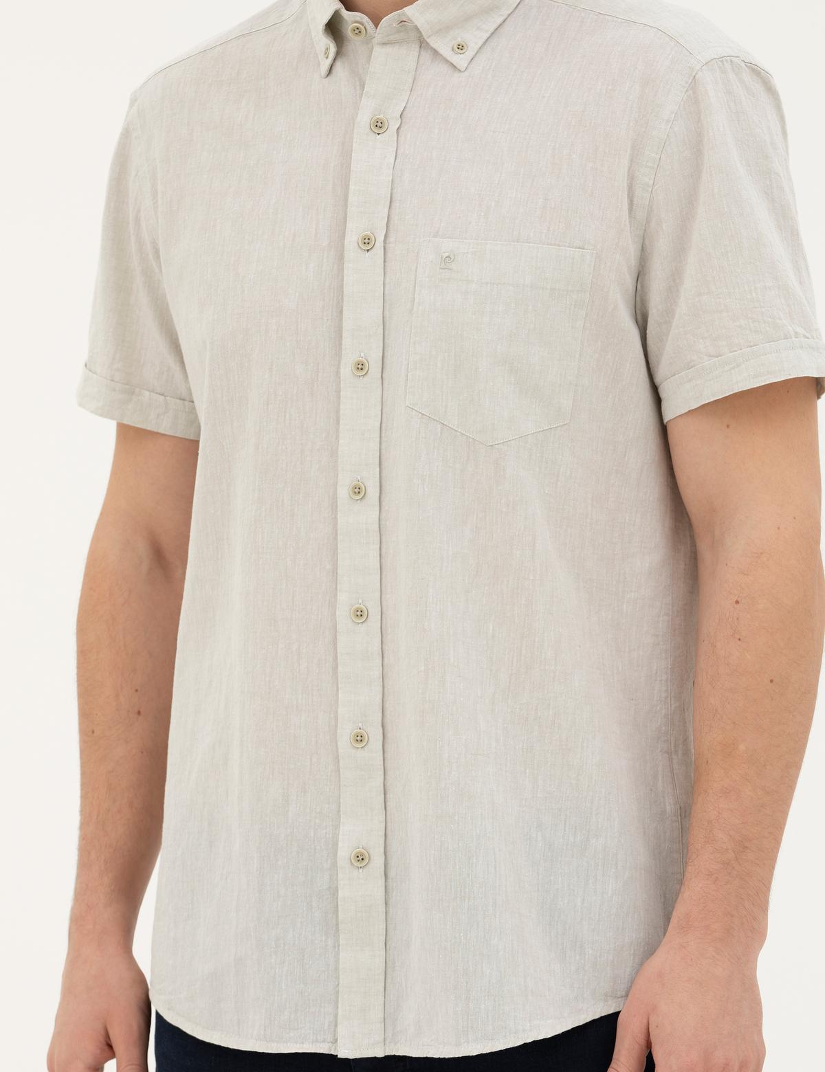 Yeşil Keten Karışımlı Regular Fit Kısa Kollu Gömlek - 50284166051