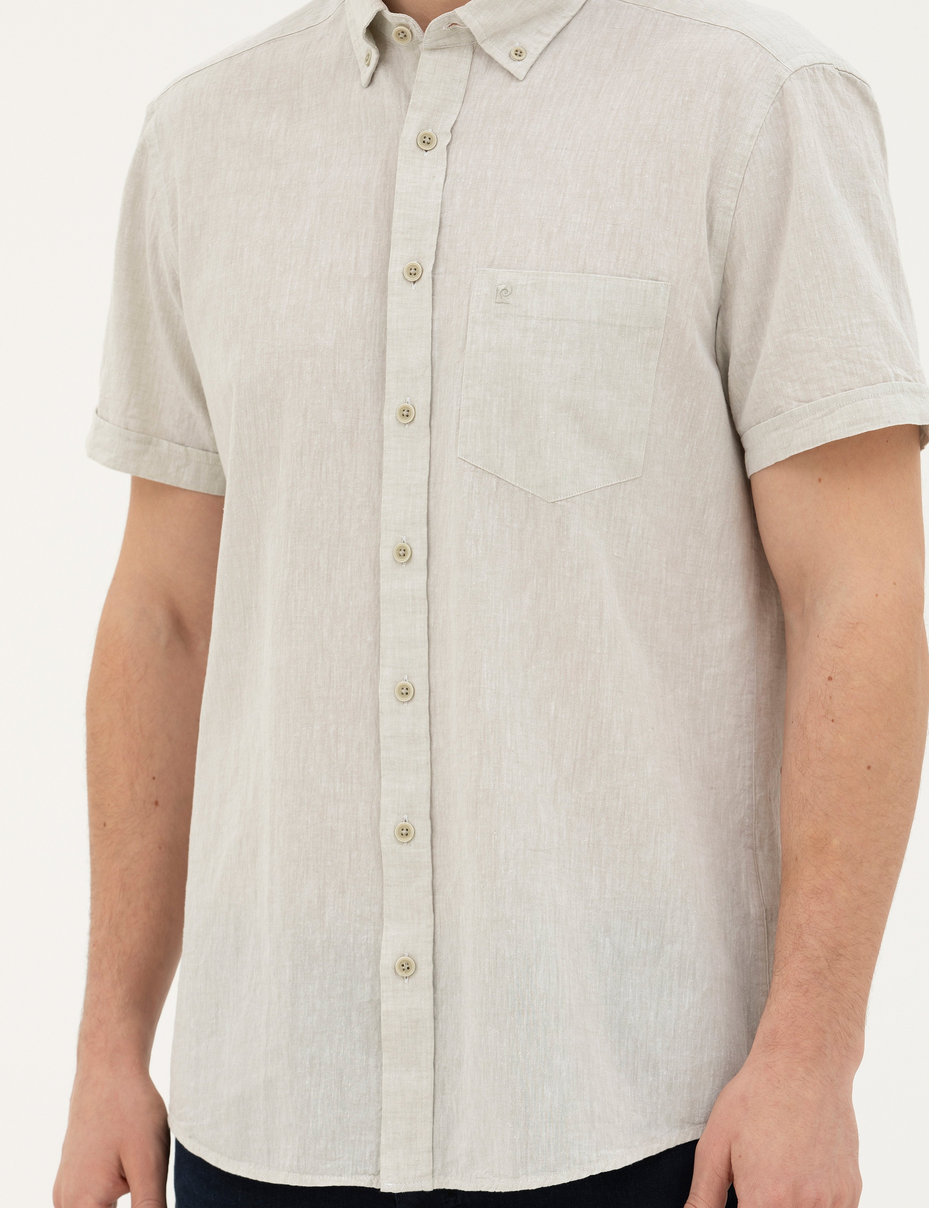 Yeşil Keten Karışımlı Regular Fit Kısa Kollu Gömlek - Image 6