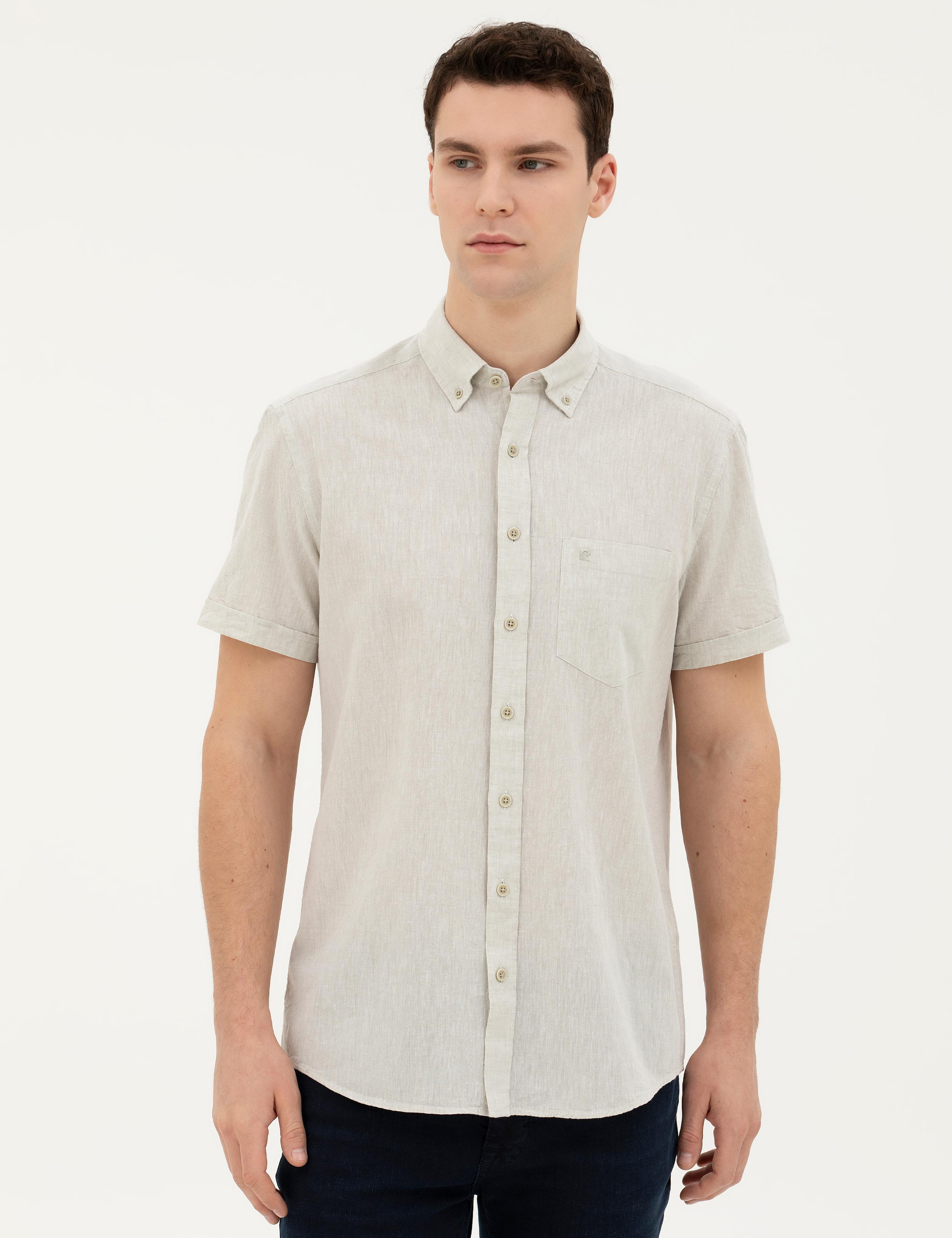 Yeşil Keten Karışımlı Regular Fit Kısa Kollu Gömlek