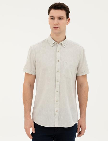 Yeşil Keten Karışımlı Regular Fit Kısa Kollu Gömlek - 50284166051
